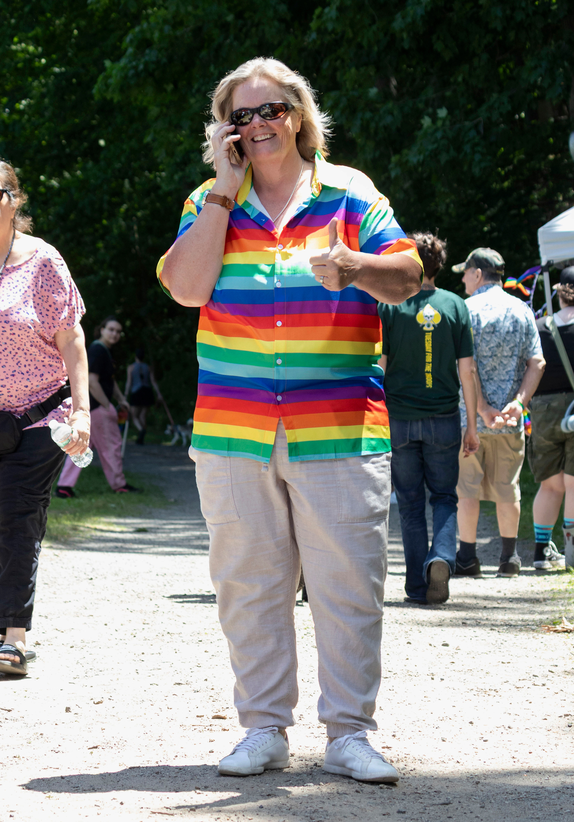 BOONTON, NJ 06/20/2026 BOONTON PRIDE AT GRACE LORD PARK: Boonton Ward 3 Councilwoman Kimberly Mazzei gives a thumbs up for the photograph. Boonton residents and visitors gather to celebrate Pride, hear speakers and watch performances by the Mayo Performing Arts Company.