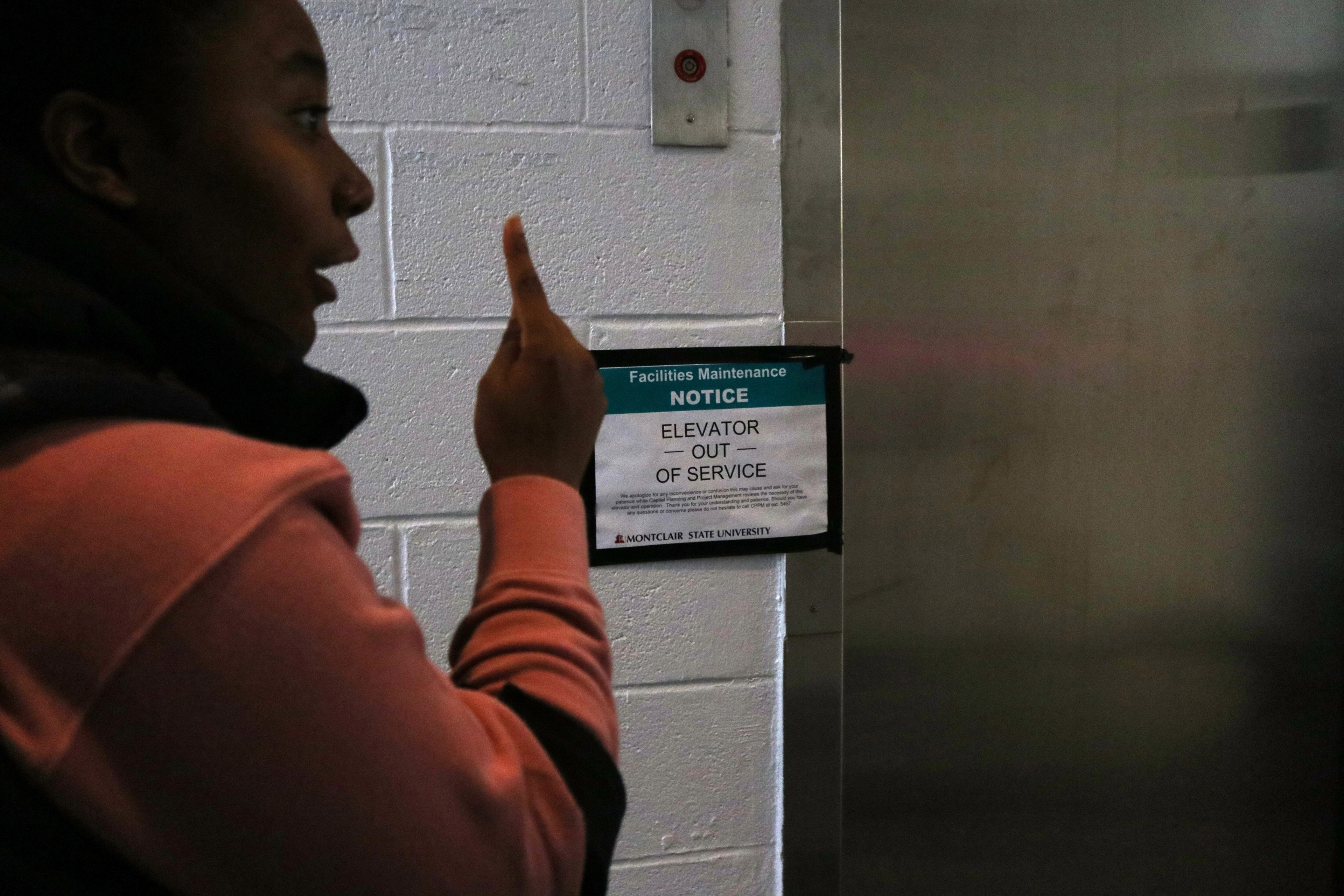 MONTCLAIR, NJ 11/08/2019 OUT OF SERVICE: Trinity Corney recalls the struggles she had when one of the elevators was not working in the previous week. She says there was only one elevator working which forced her to walk up thirty steps.  -Photo by Sunah E. Choudhry