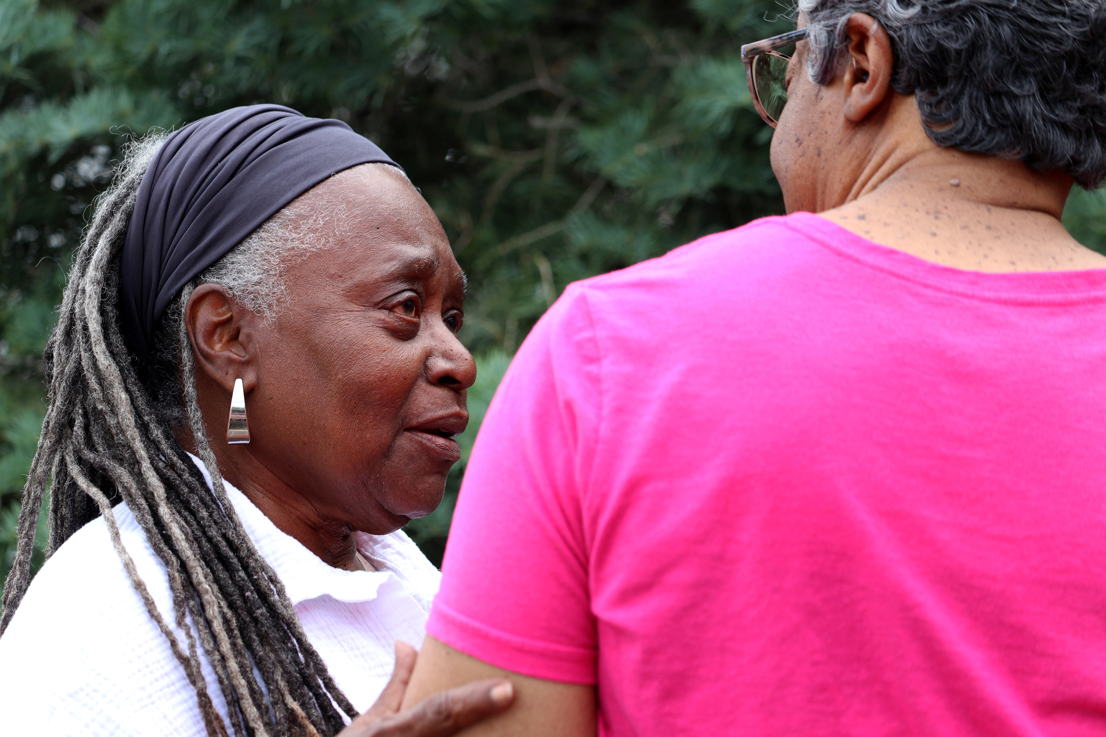 MONTCLAIR, NJ 06/19/2026 JUNETEENTH FLAG RAISING: Longtime Montclair residents and best friends Gloria Jean Smith and Juaeita Livienston become emotional after the Juneteenth flag raising ceremony. Montclair residents gathered to honor and celebrate Juneteenth, listen to local politicians and leaders, and watch a performance by the students from Beyond the Boogie Dance Company. 
