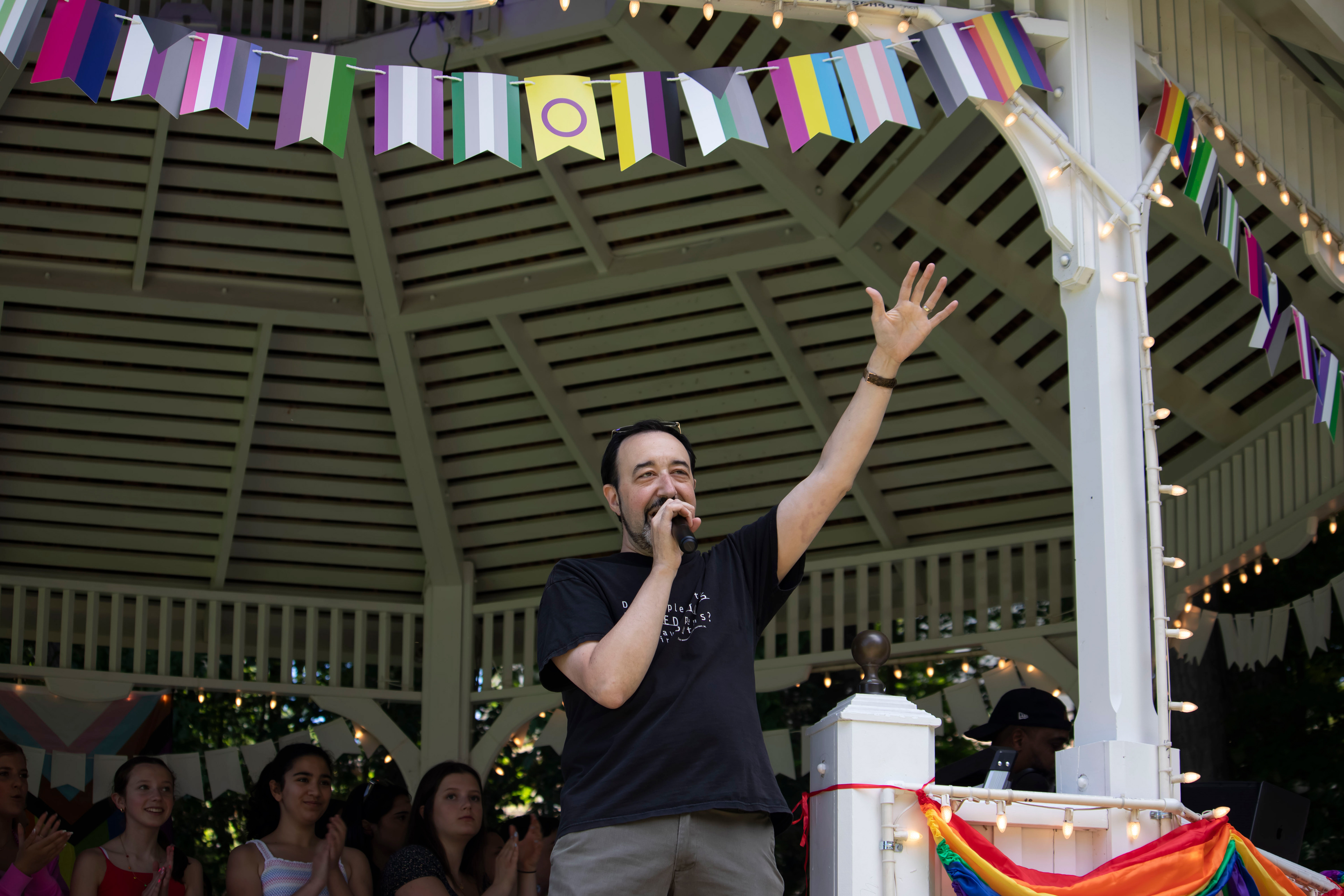 BOONTON, NJ 06/20/2026 BOONTON PRIDE AT GRACE LORD PARK: Boonton Council President and Ward 3 representative Ben Weisman, a sponsor of Boonton Rainbow Pride, welcomes the Mayo Performing Arts Company before their performance. Boonton residents and visitors gather to celebrate Pride, hear speakers and watch performances by the Mayo Performing Arts Company.