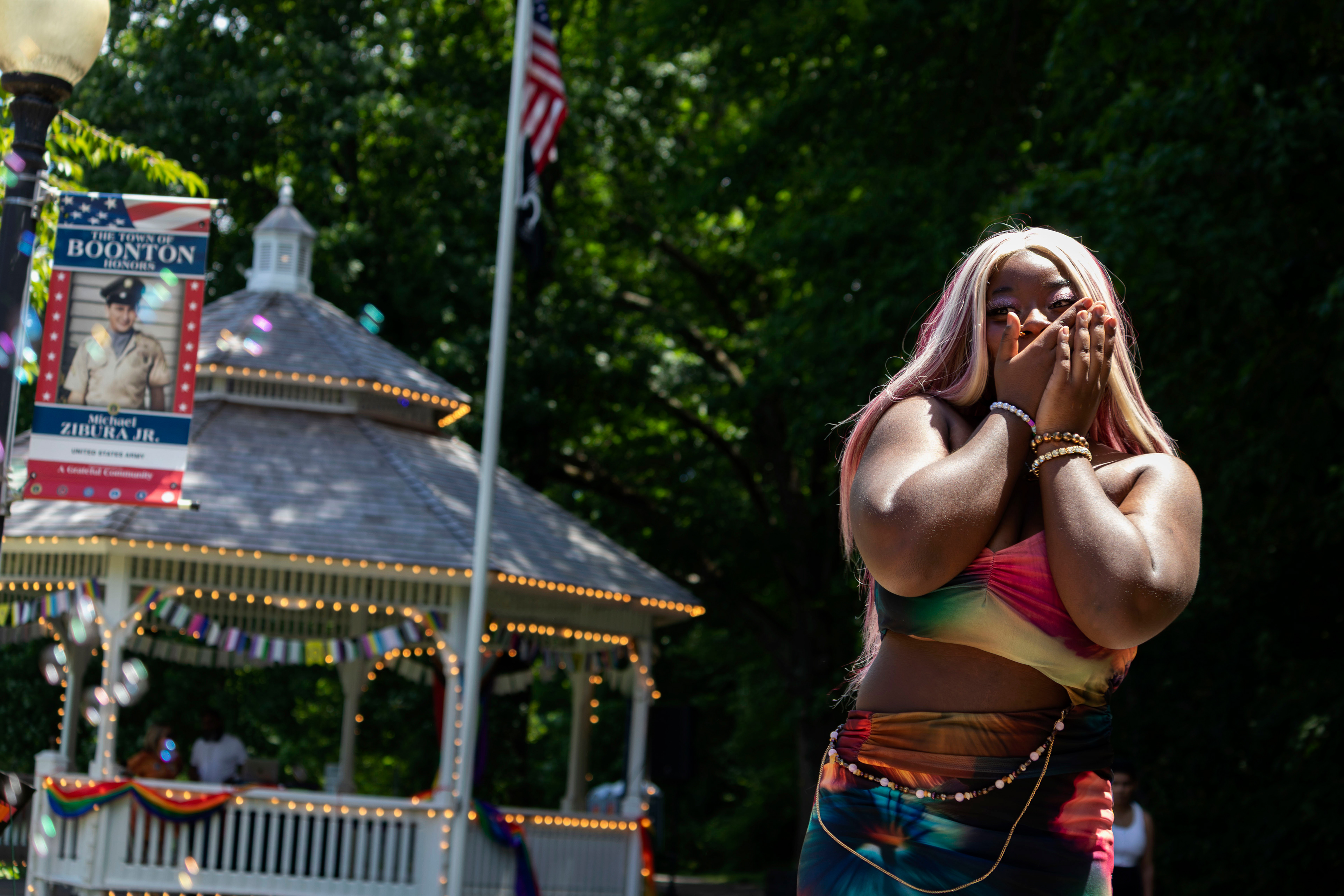 BOONTON, NJ 06/20/2026 BOONTON PRIDE AT GRACE LORD PARK: An attendee reacts after noticing the camera. Boonton residents and attendees gather to celebrate Boonton Pride, listen to speakers, and watch performances by the Mayo Performing Arts Company. 