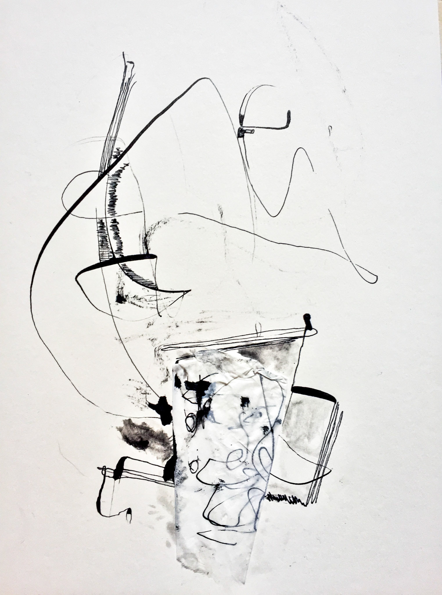 "Building in front of a mountain" 2018. Indian ink and collage on paper.