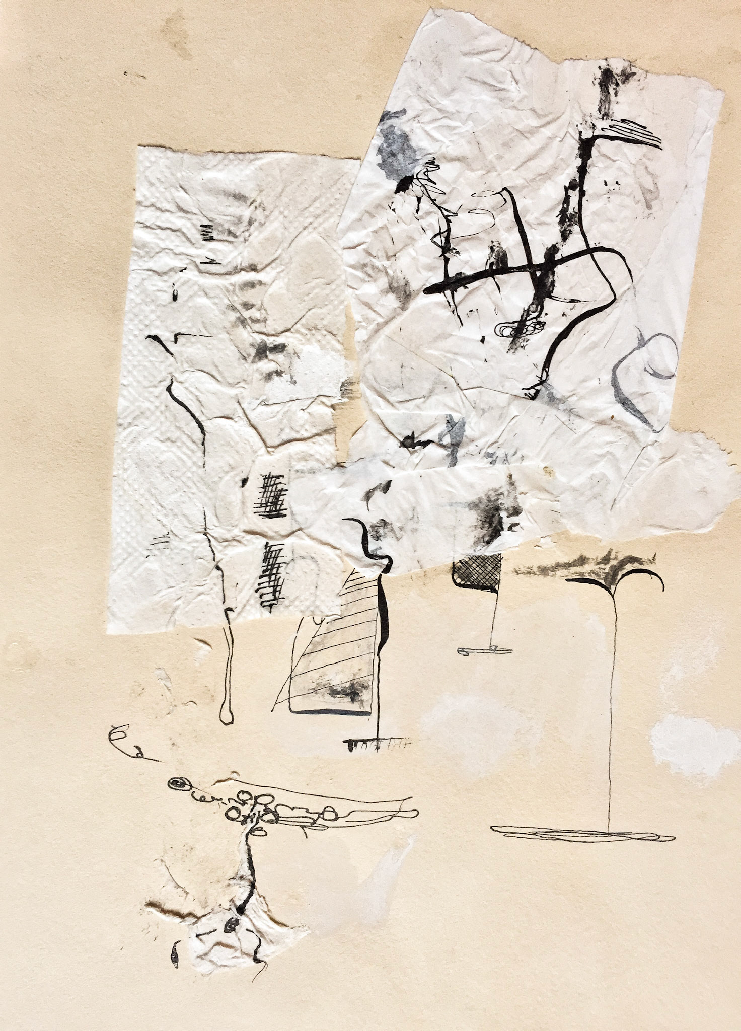 "Day clouds in the park" 2018. Indian ink and collage on paper.
