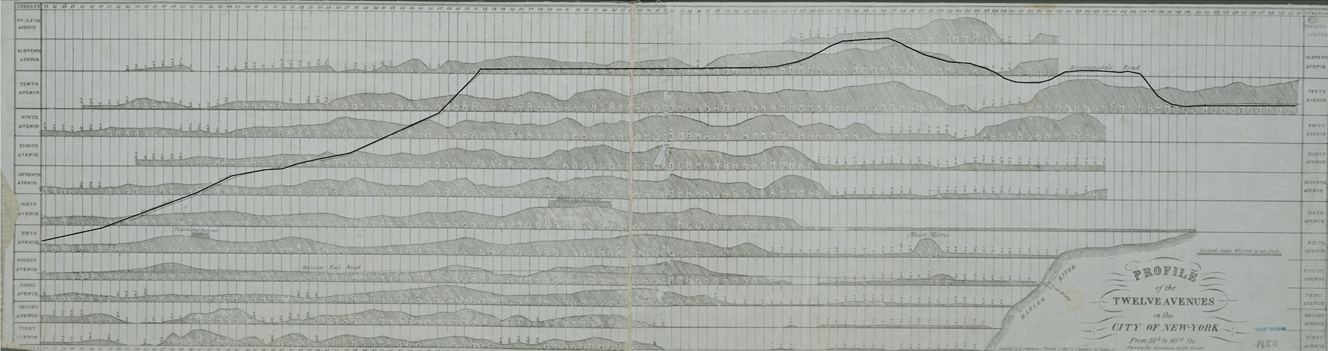 Sections through the Avenues of Manhattan (1850) show a landscape of hills and discrepancies