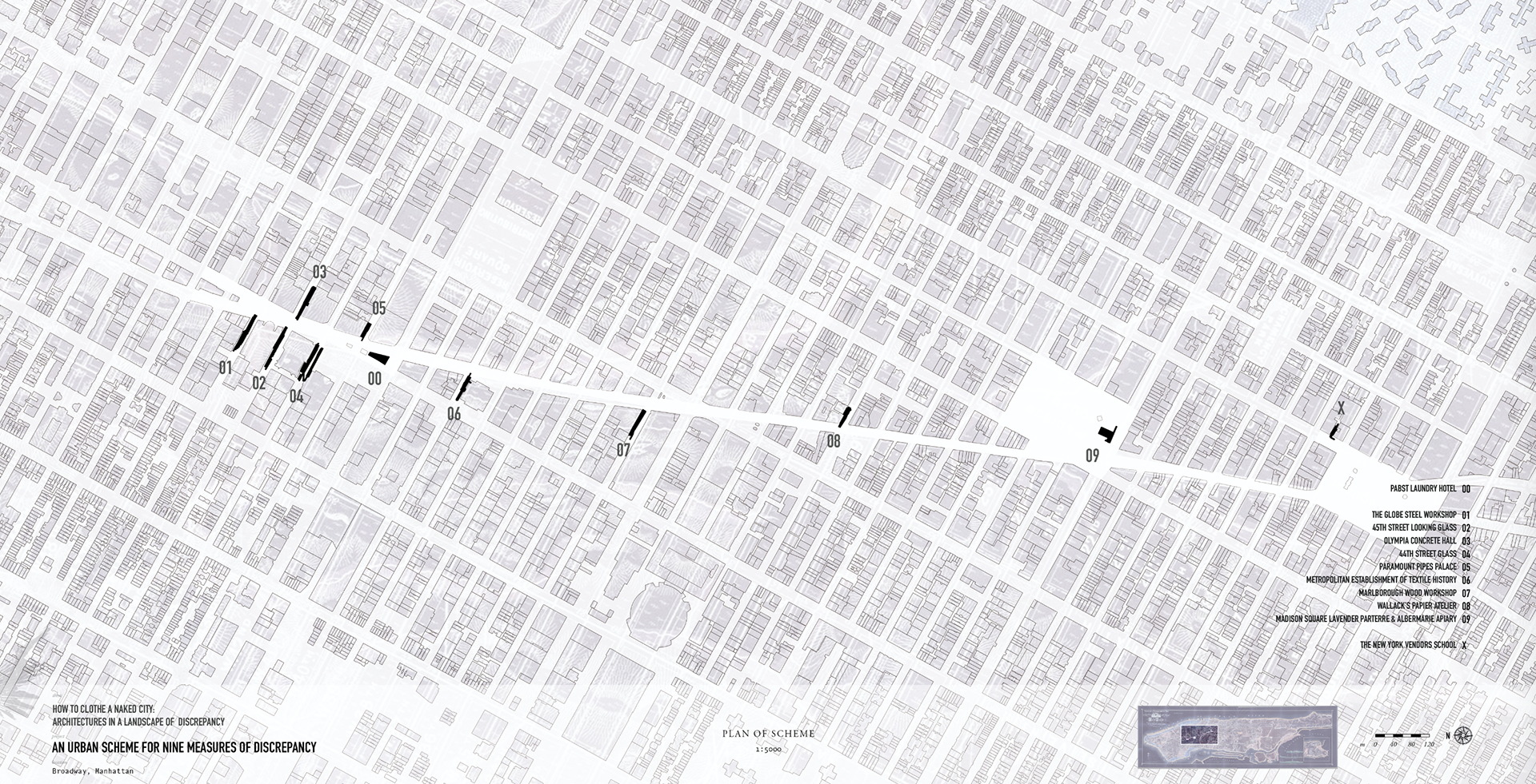 Plan of Broadway with final Nine Proposals for a Discrepant Landscape