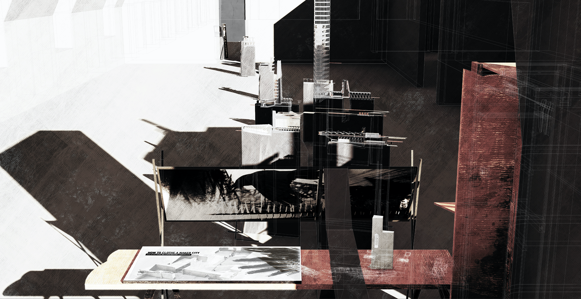 The proposed exhibition uses a telescopic perspectival shift effect - from this angle, all the models appear at the same scale. From the other end, differences in scale are greatly exaggerated. 