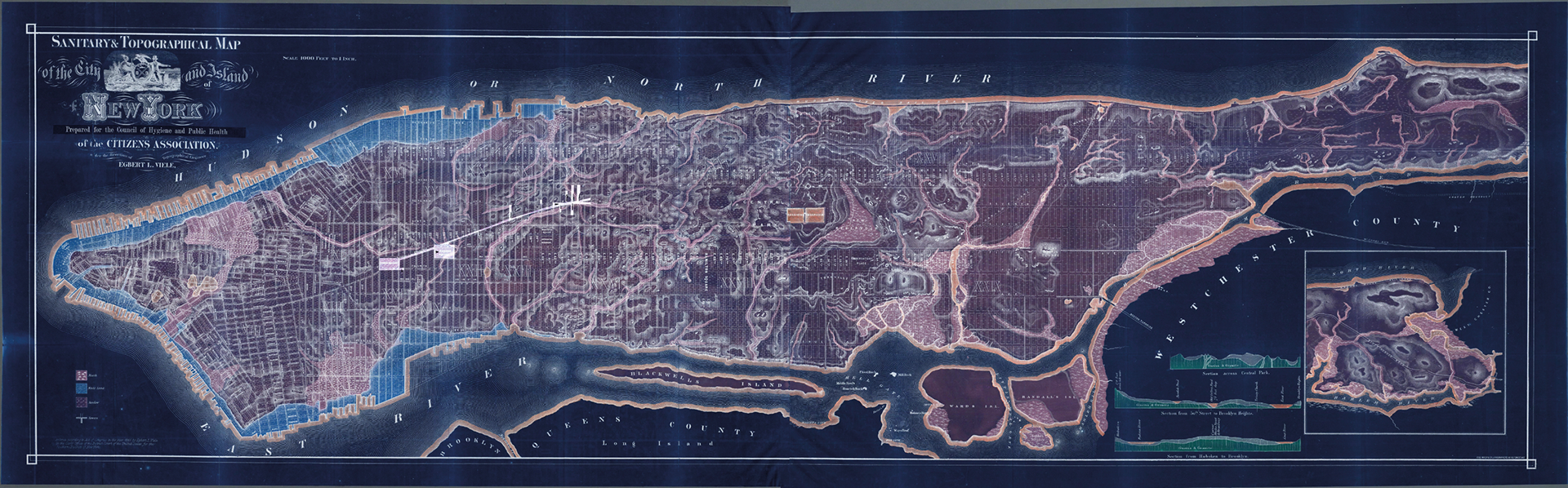 The 1850 Viele Map of Broadway of Manhattan (inverted) with Broadway scheme in white.