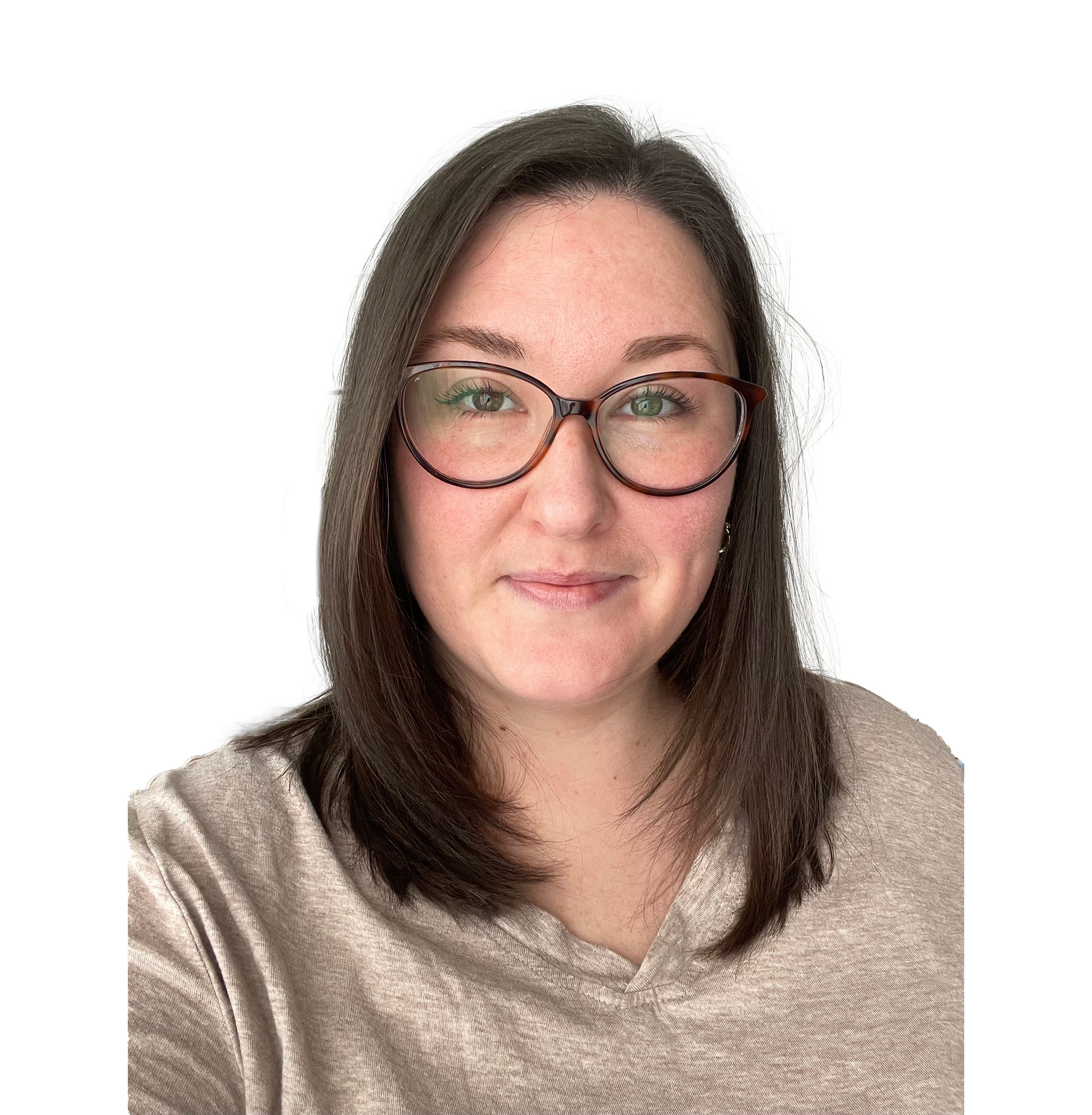 A portrait image of Brittany smiling towards the camera, who has brown hair and is wearing brown glasses.