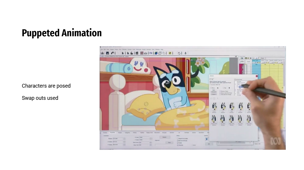 Example Slide - distinguishing between traditional (hand-drawn) and puppeted 2D animation
