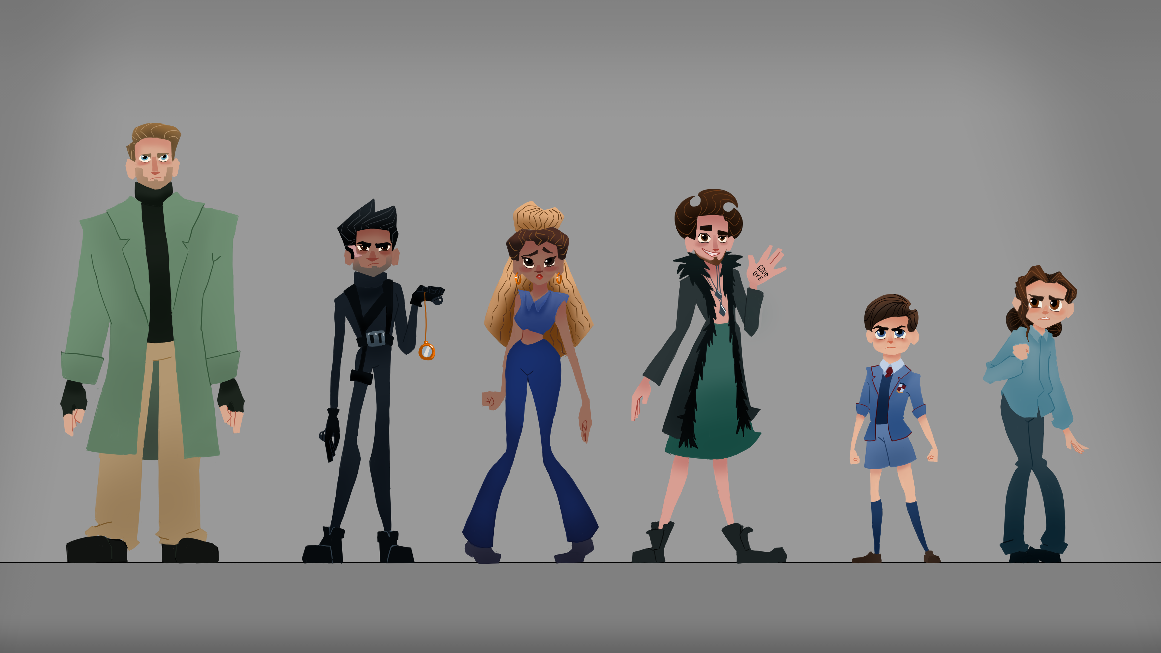 Cast of "Umbrella Academy" in the style of "Tangled:The Animated Series"