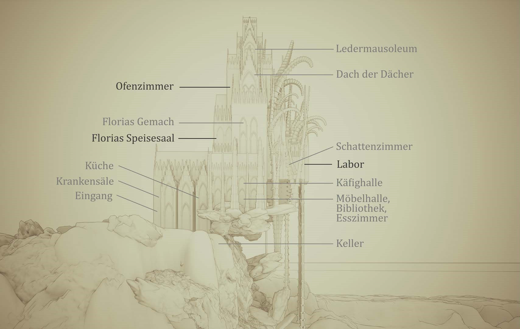 With the aid of my previous research I was able to design the complete castle and locate each room as described in the book. My interpretative freedom allowed me to divide the building in a "good" and "bad" side, depending on the associated meaning the room has.