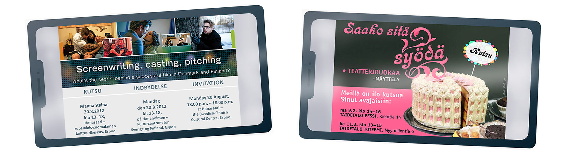 Sähköisiä pdf-muotoisia kutsuja rajattuina.