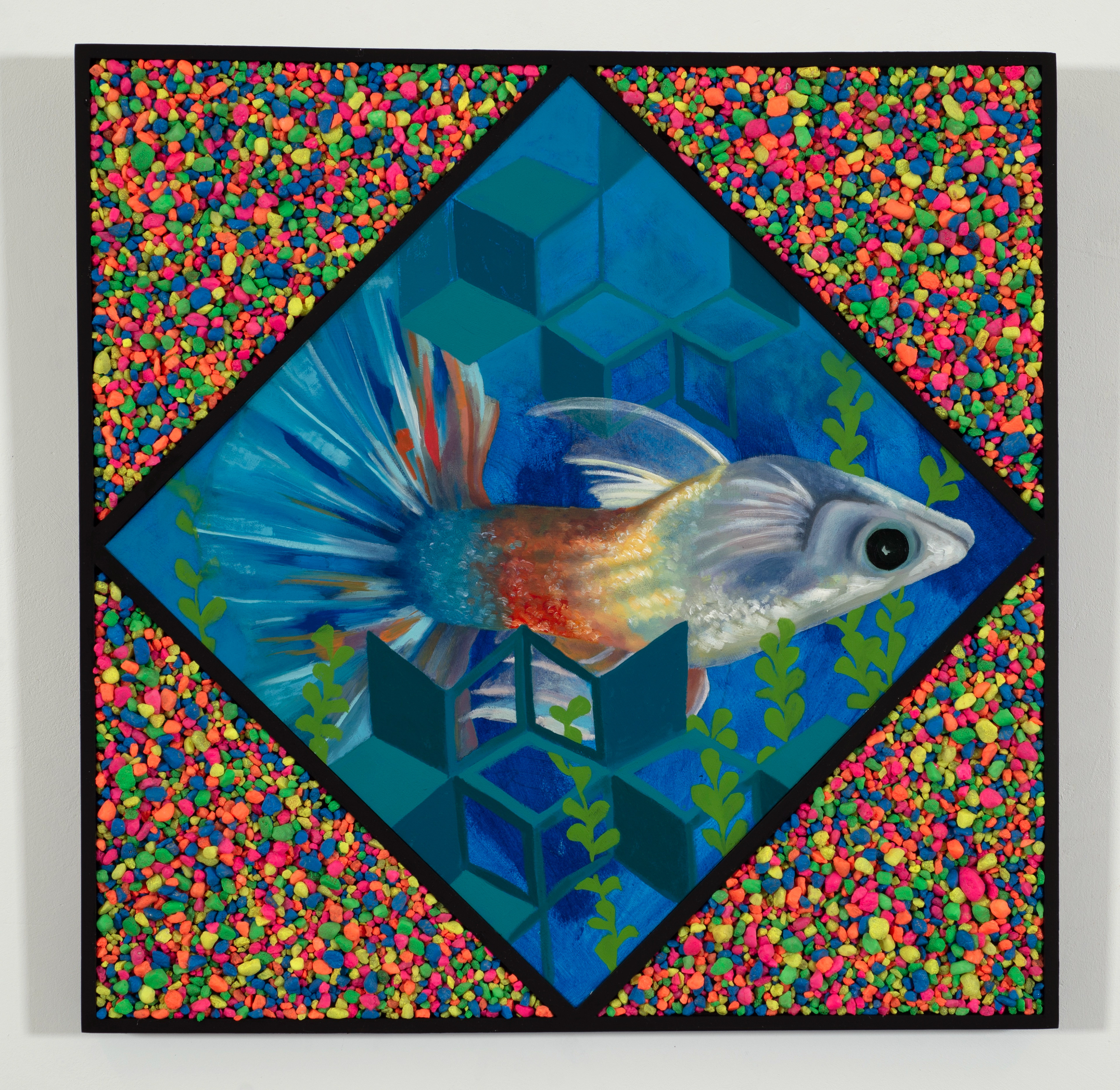Fish Out of Water, 18 x 18 in, oil and acrylic on panel + pine, latex paint, and aquarium substrate