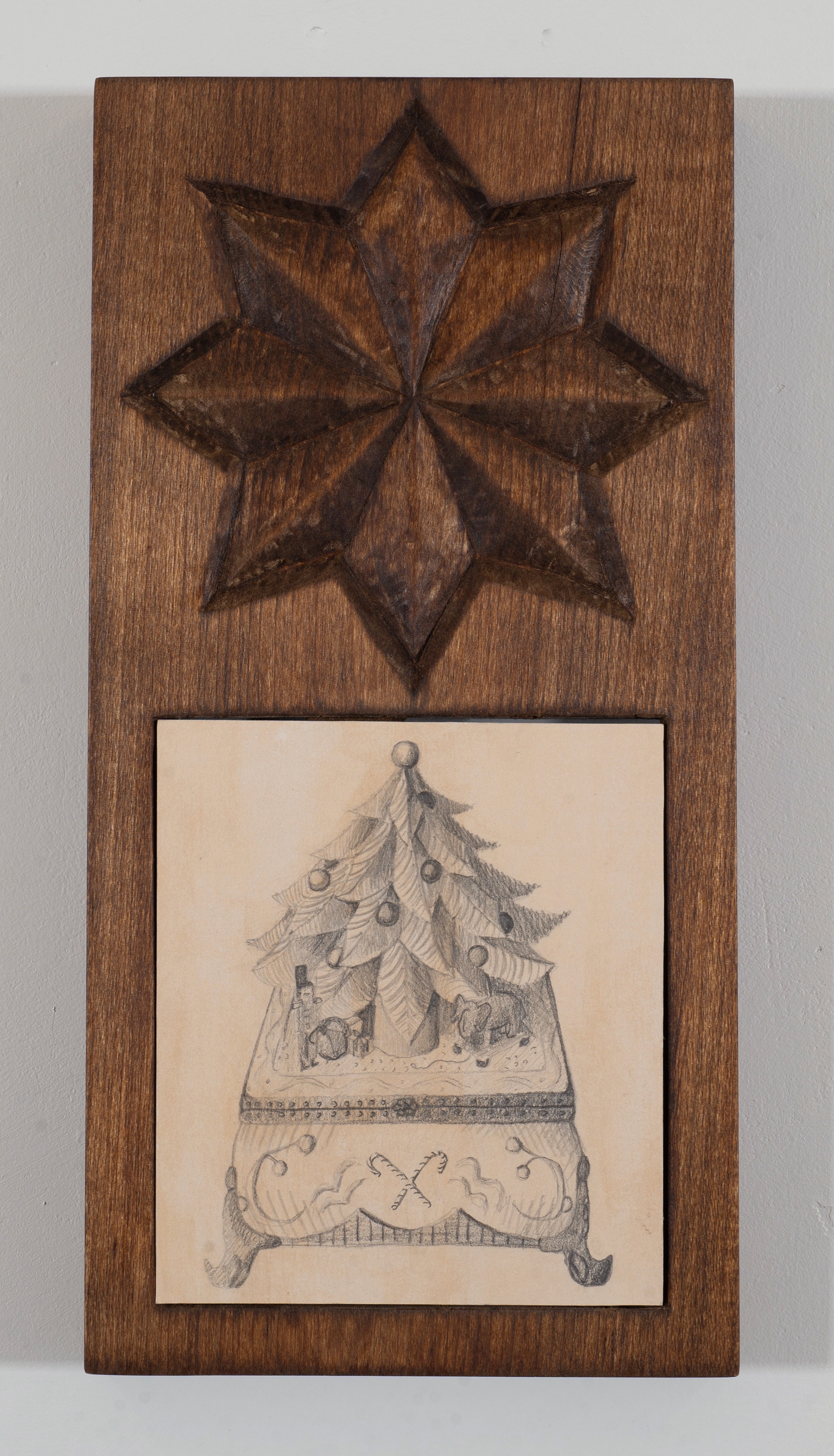 Holiday People, 5.5 x 11 in, graphite and watercolor on paper + hand carved basswood
