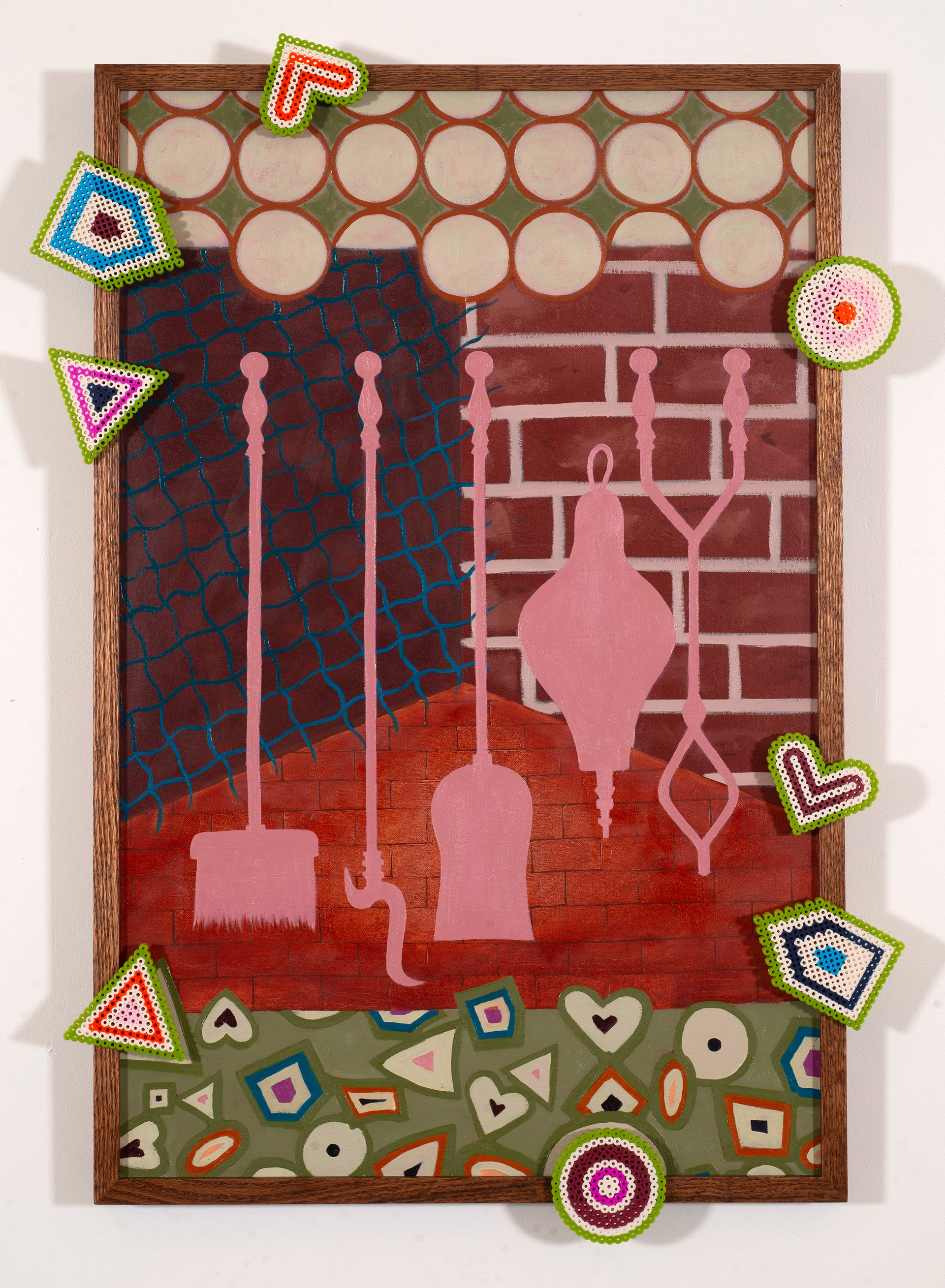 Interior Design, 19 x 29 in, oil on canvas + red oak and Perler beads