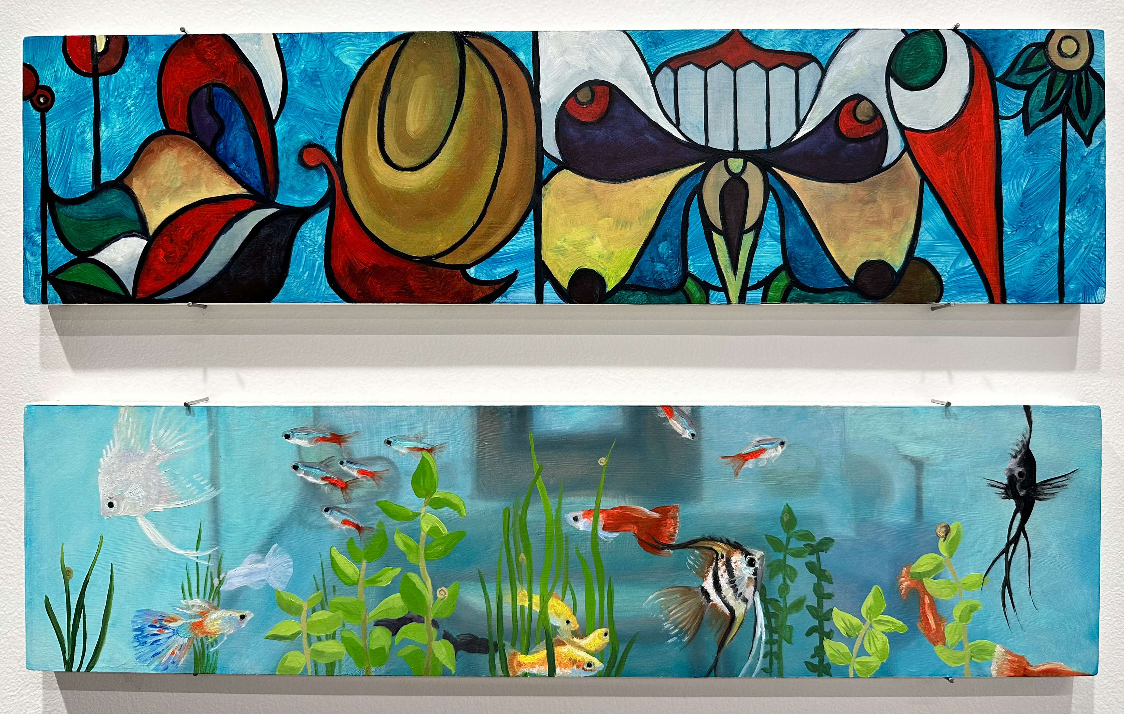 Snail (stained glass) and Snail (live and slimy), diptych size 20 x 12, oil on panel