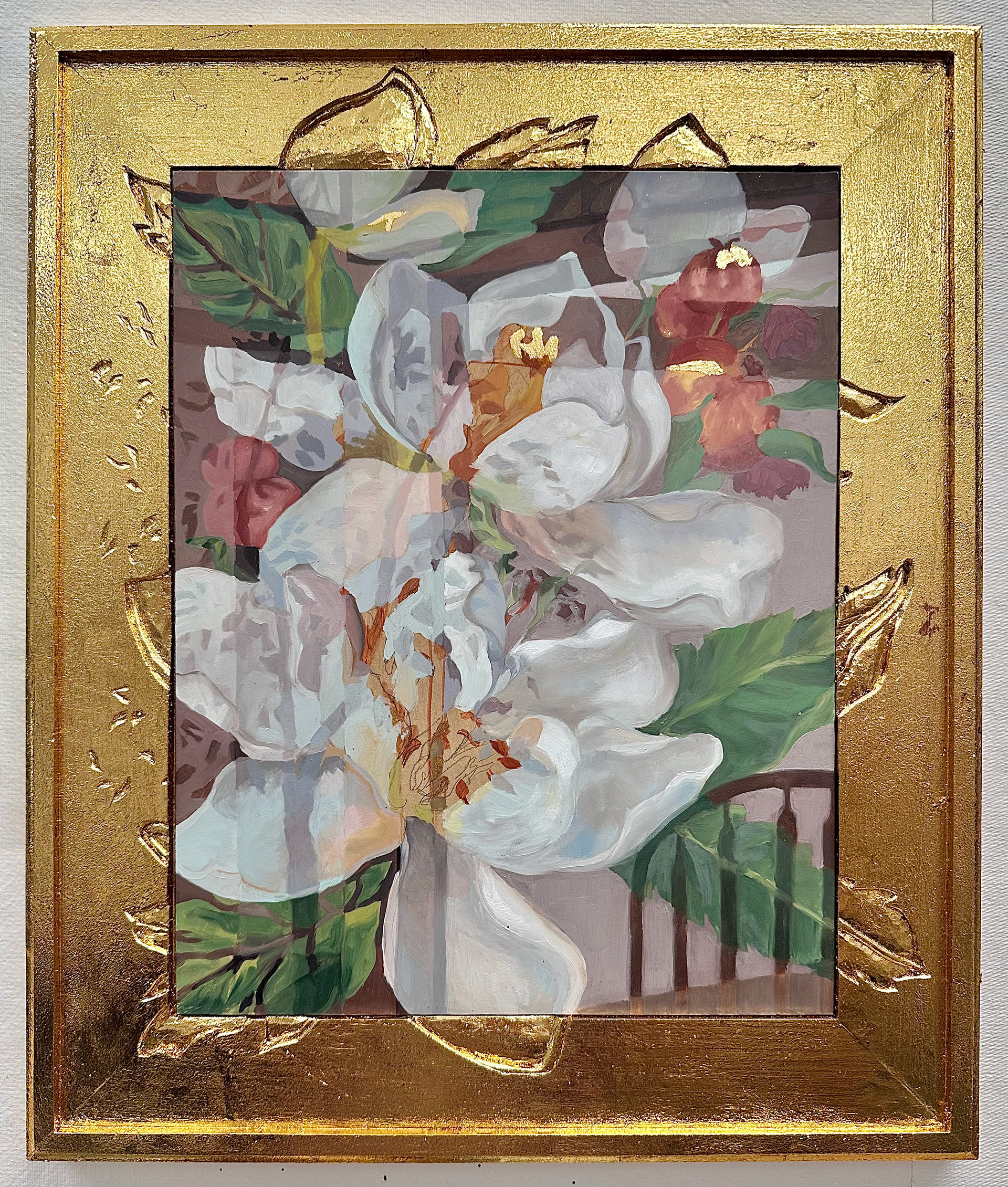 *SOLD* The Magnolia Print, oil on hardboard and gold leaf on hard carved poplar frame
