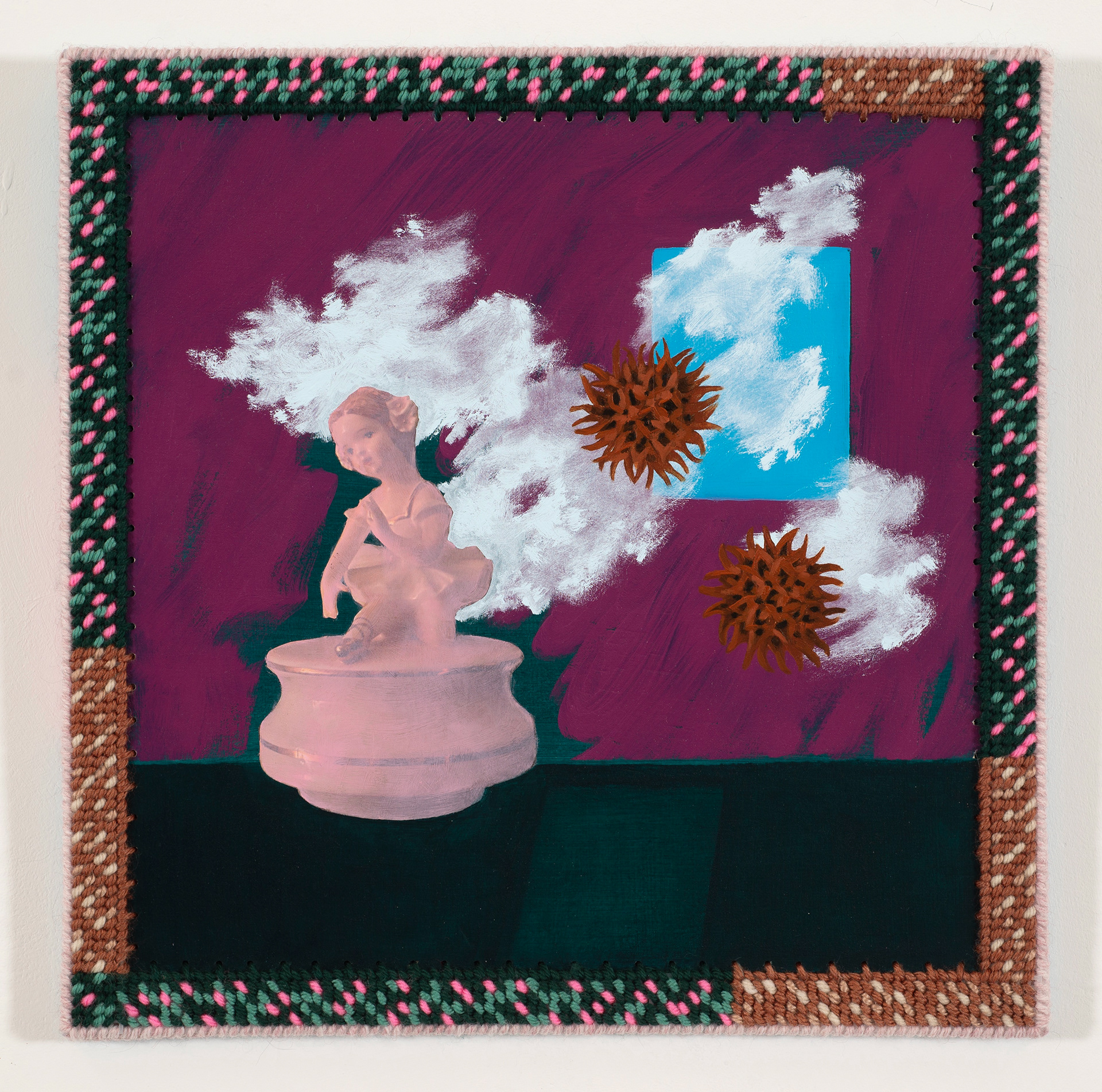 Sweet as a Gumball, 14 x 14 in, oil and paper collage on panel + yarn needlepoint and plastic canvas