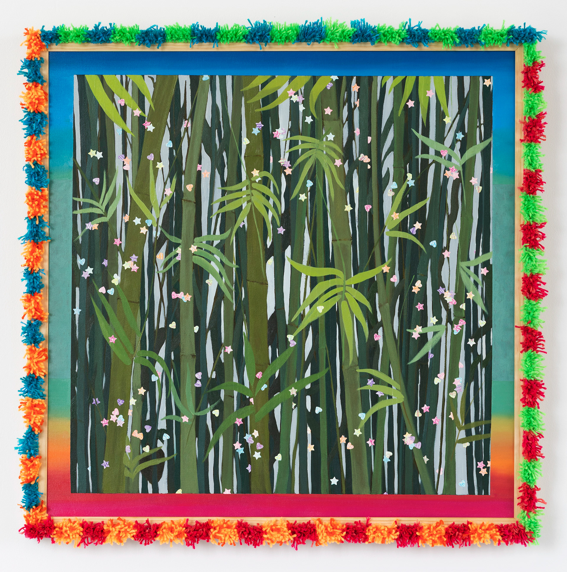 Confetti Spaghetti, 36 x 36 inches, oil and paper collage on canvas + pine wood, yarn, and latch hook canvas