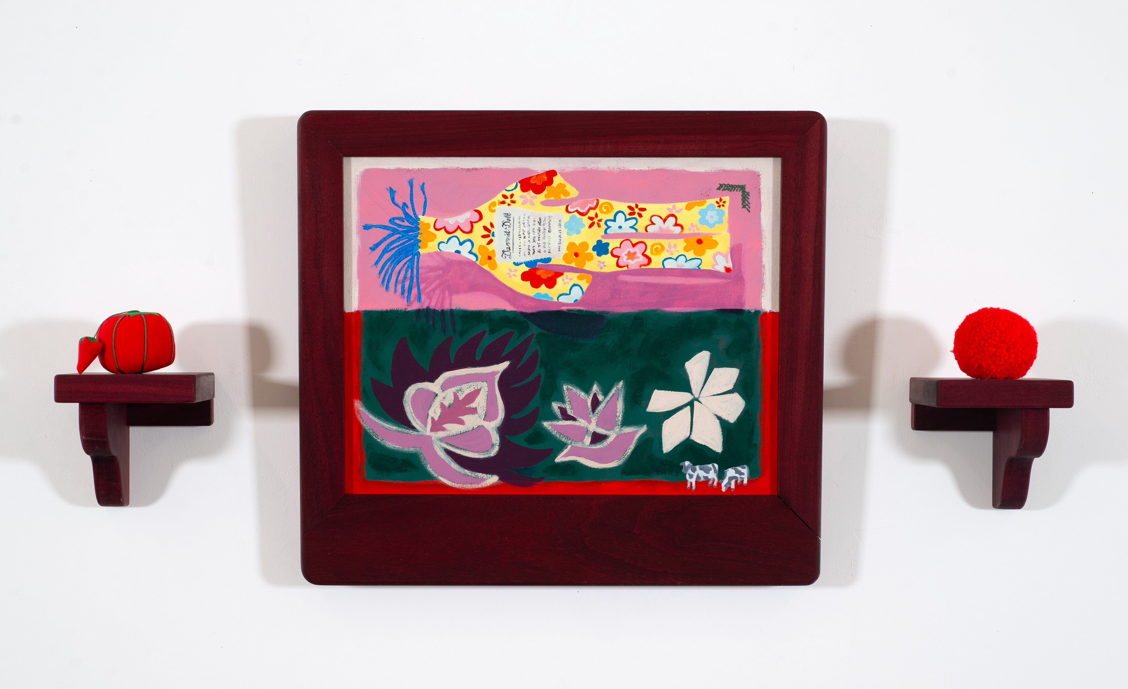 Tomato Sandwich, 31 x 15 in, oil and embroidery on canvas + purple heart wood, yarn pom pom, and found pin cushion