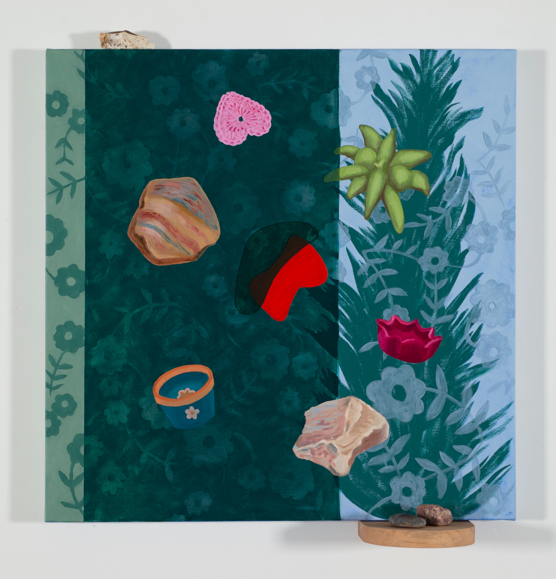 Painting Rocks, 24 x 25 in, oil on canvas + basswood shelf and found rocks