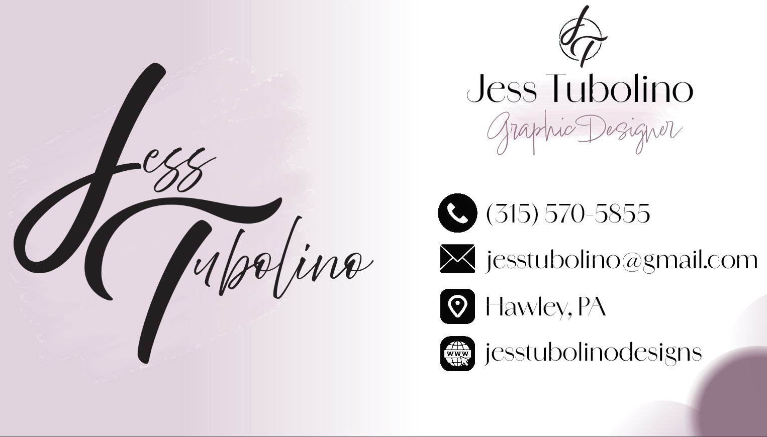 Front of Business card for Jess Tubolino Designs