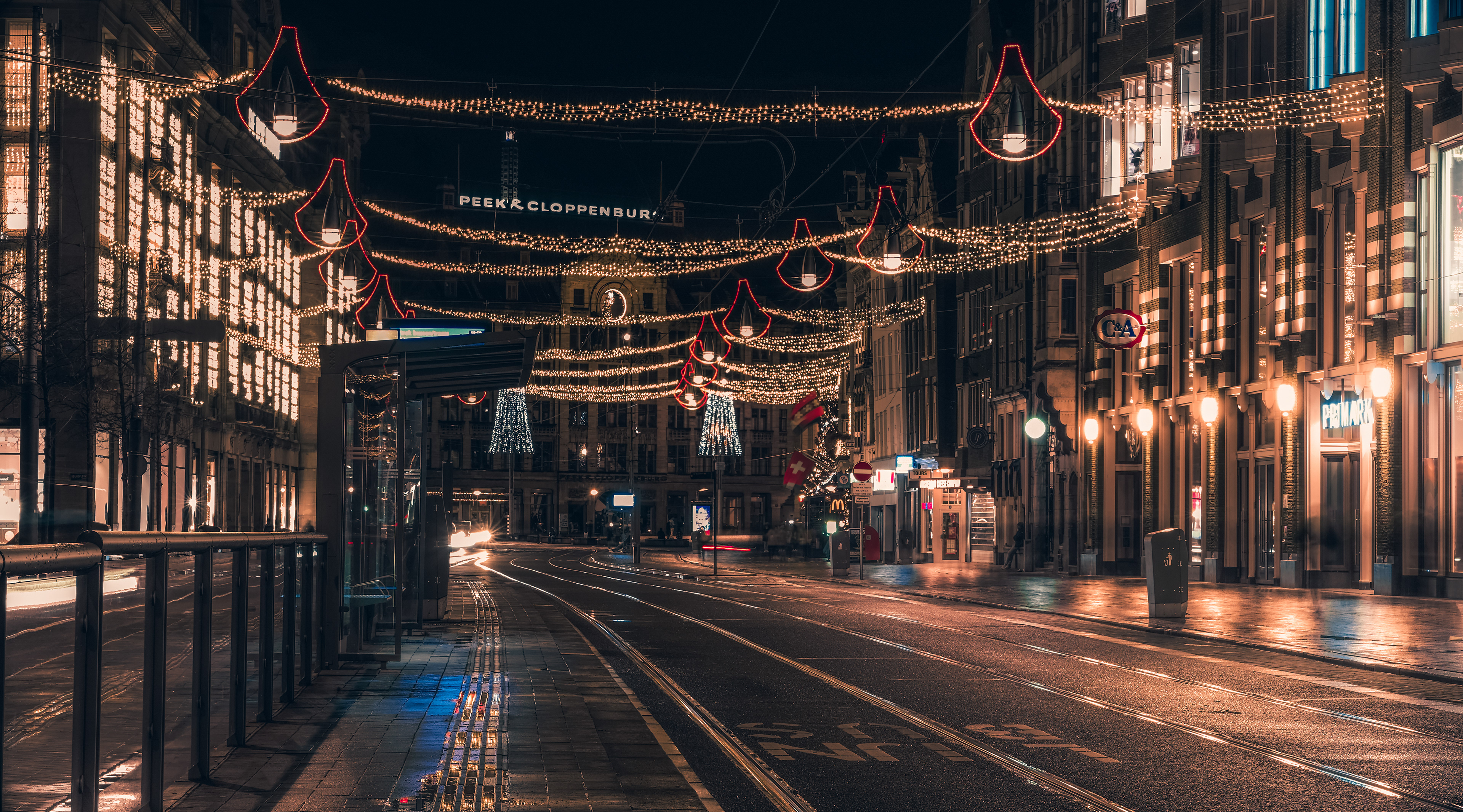 Damrak by night, Amsterdam