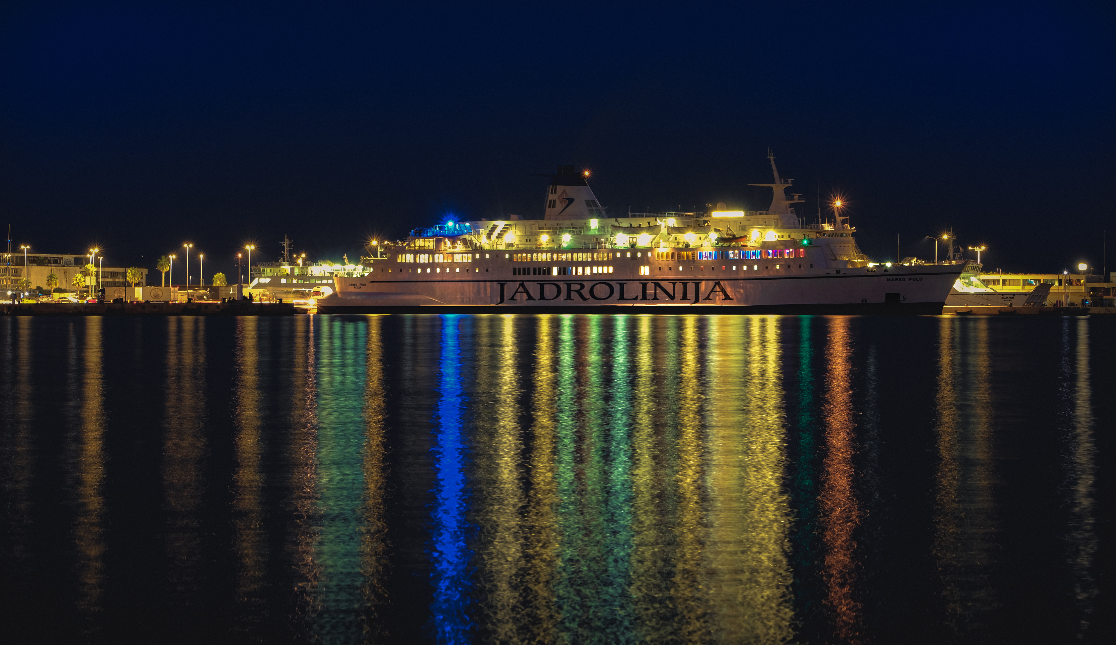 Split harbour at night, with ferry "JADROLINIJA"