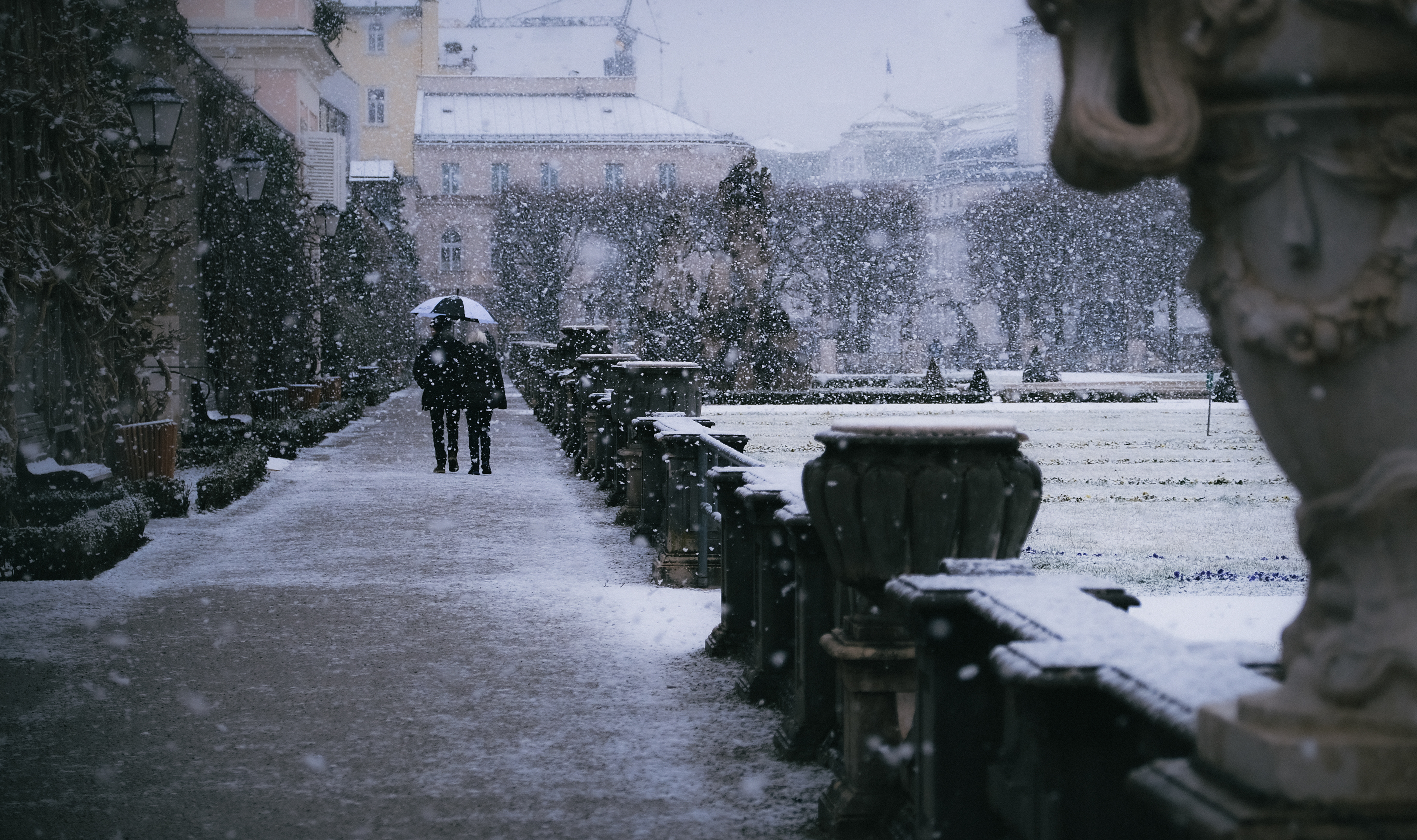 Snow scene at Mirabellgarten, Salzburg