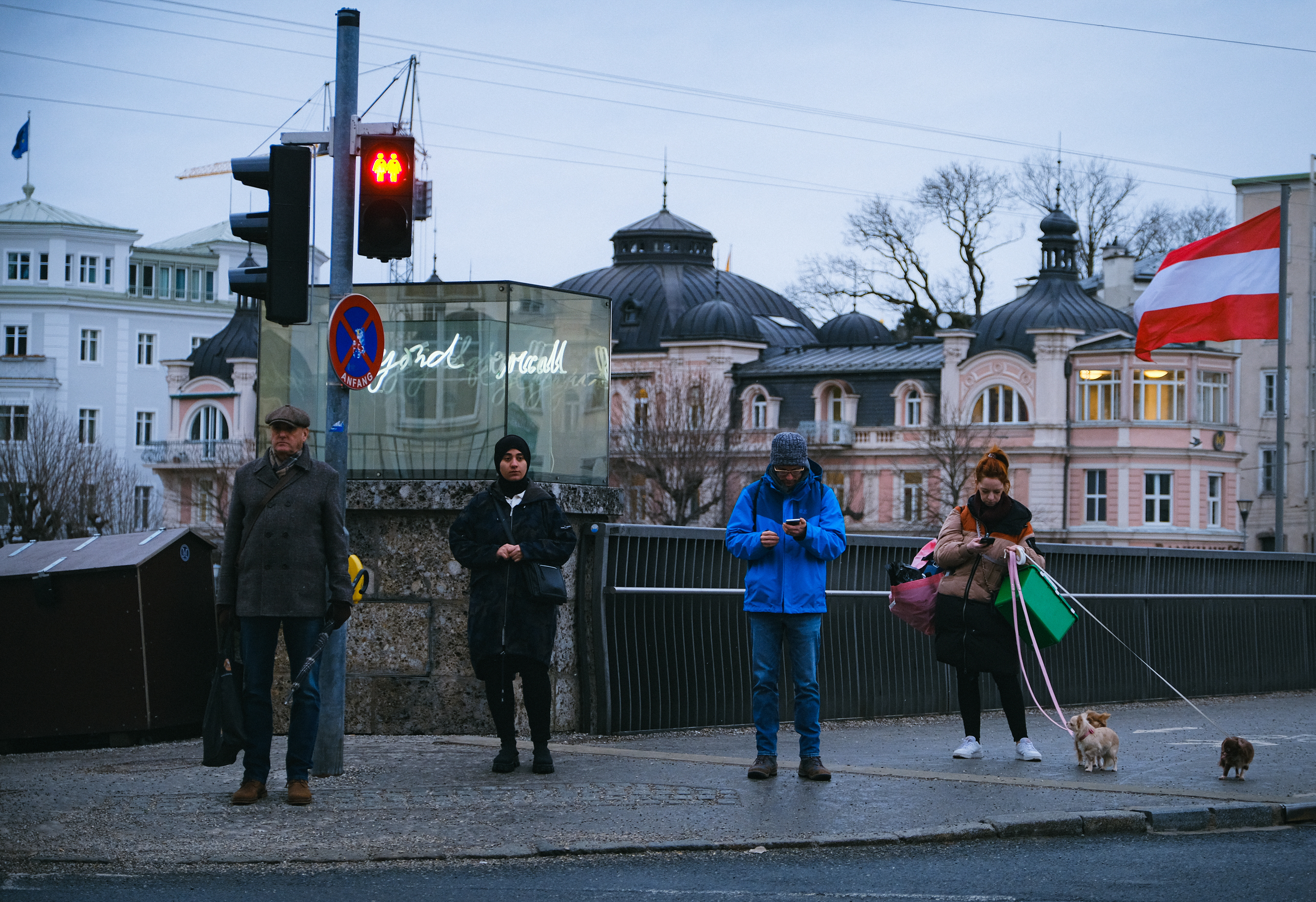 4 people at crosswalk, Salzburg