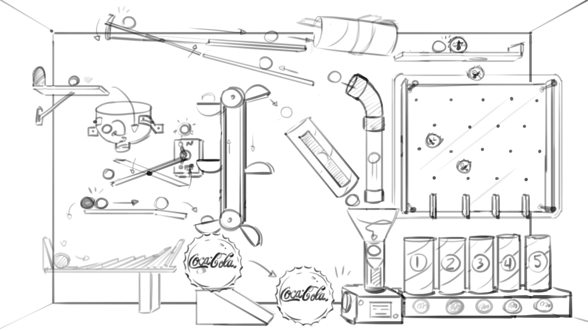 line drawing of a fictional machine that features coca cola bottle caps.