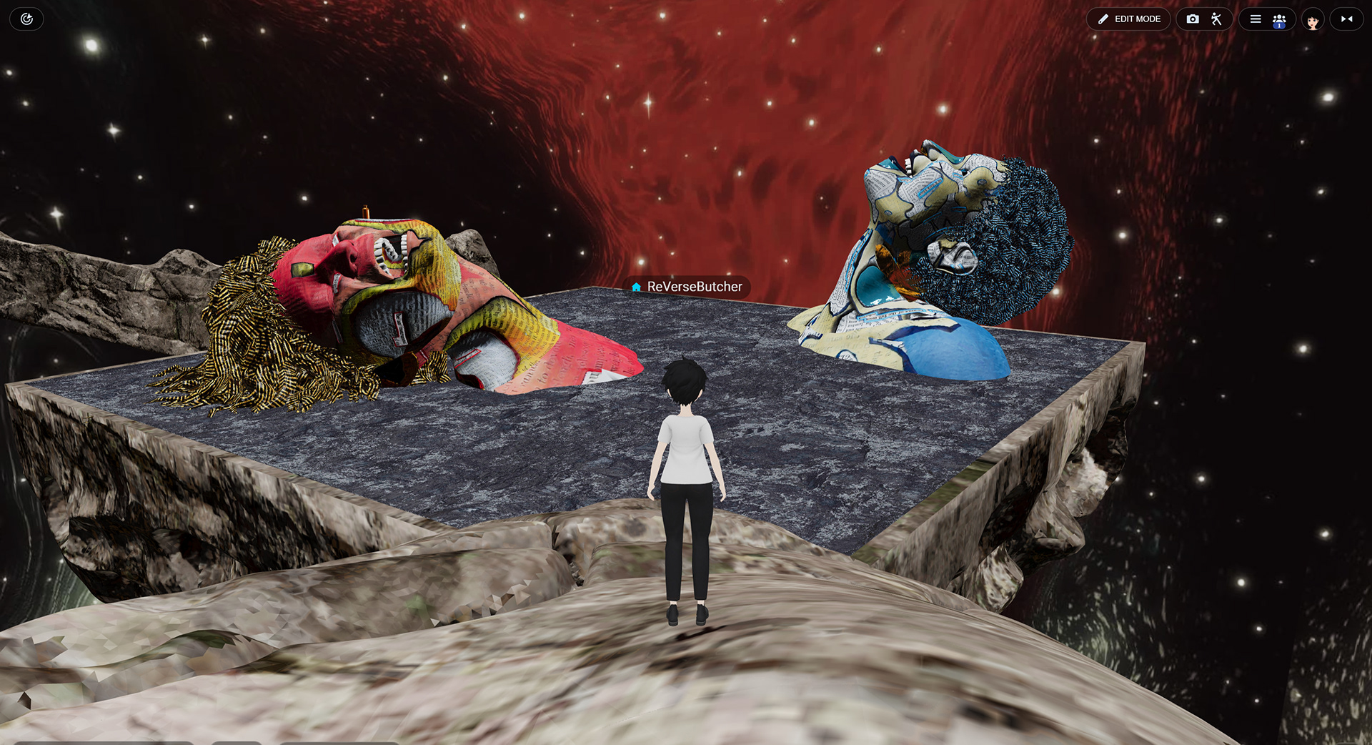 Screenshot from "The Last Stanza", on Viverse. Virtual artwork pictured, feat. "In a Dark Place", ReVerse Butcher, June 2025.