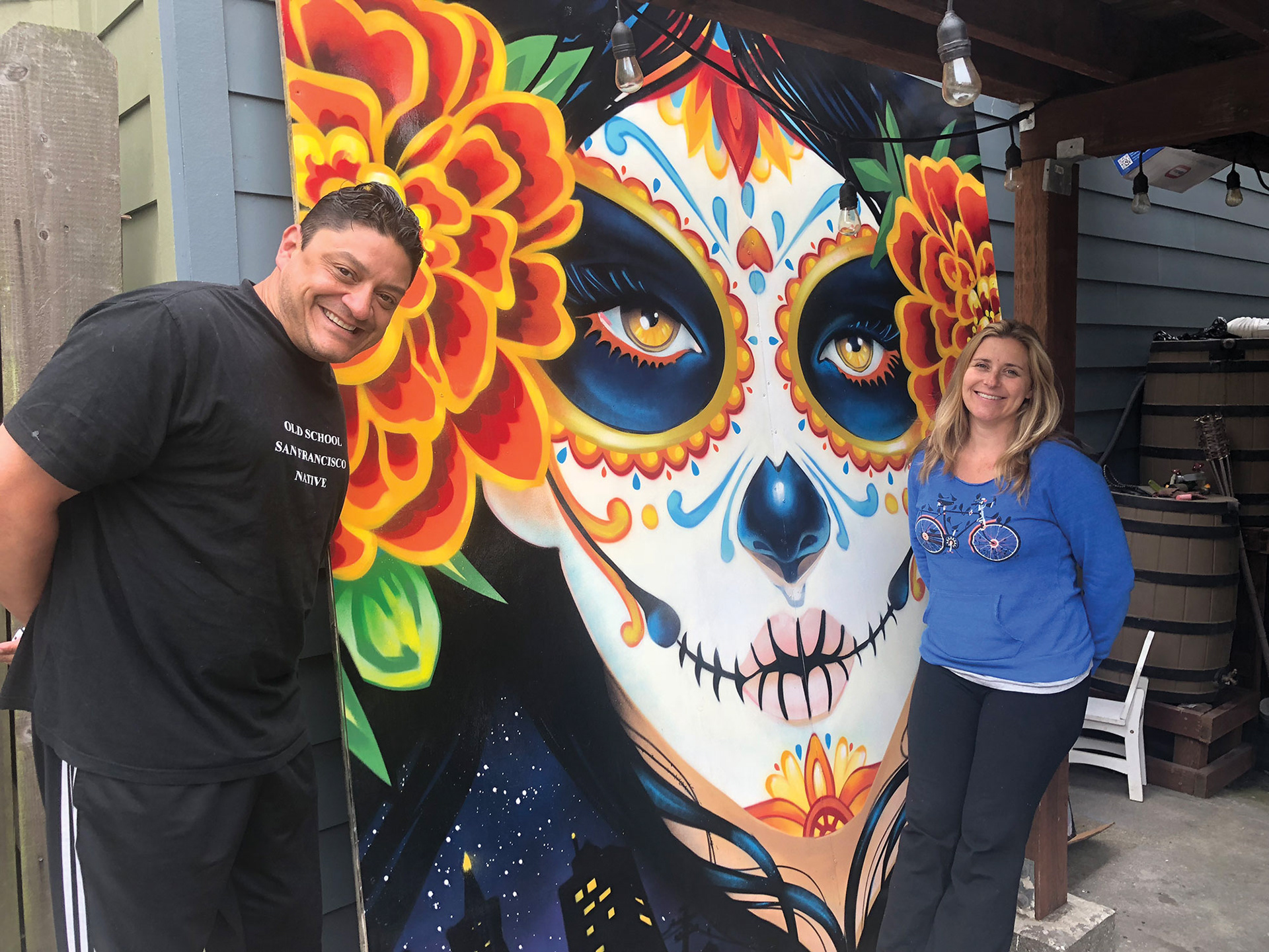 De La Muertos Mural:Private Collector/Residence: San Francisco, Ca. 8’ x 8’. November 2017 Manny contacted me through my sister in the fire department. He wanted something that was "De La Muertos" related. So after doing some research together we decided on doing this design. The art took me about a week. I came through when ever I wasn't working to work this piece into existence.