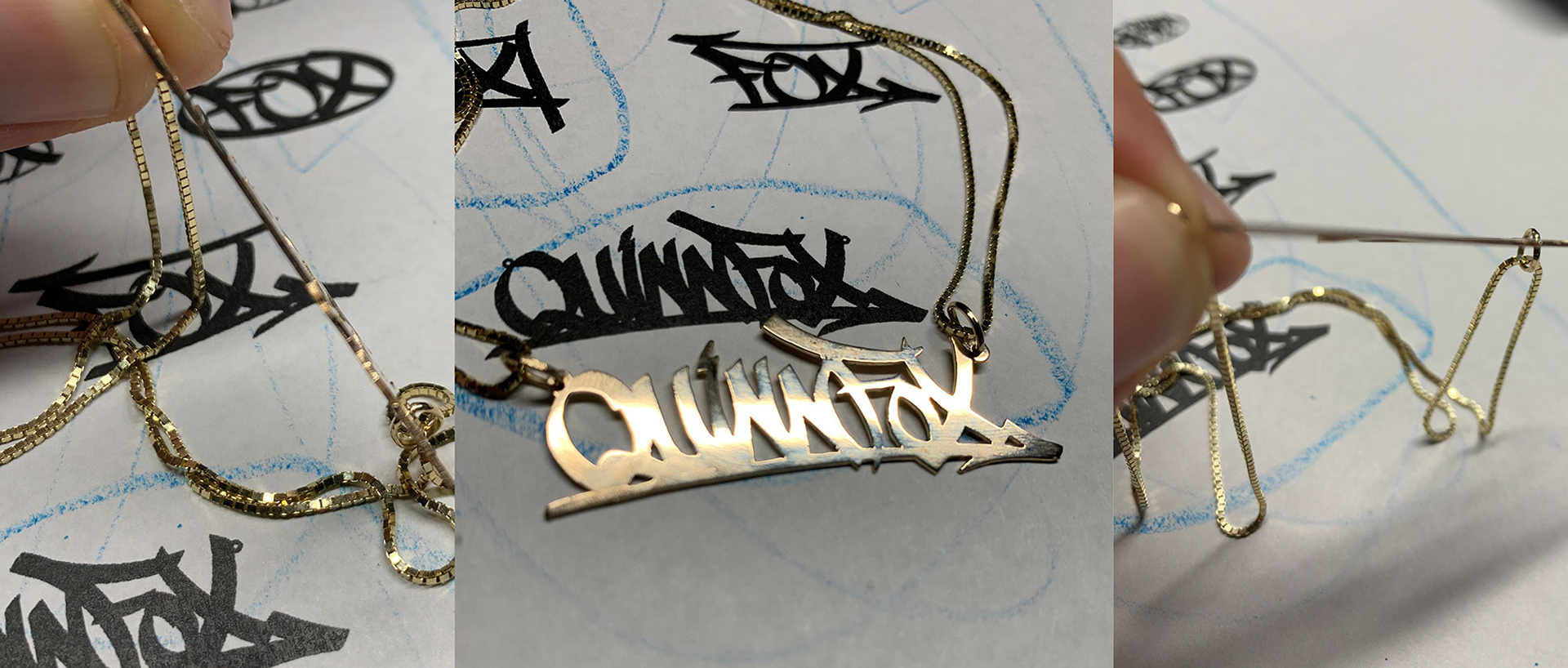 latest jewelry creation for John Fox's daughter Quinn Fox. After several attempts at getting the right design, we proceeded to cut into a 14k plate at 1mm thick and also completed the look with a 14k gold chain. Legit!