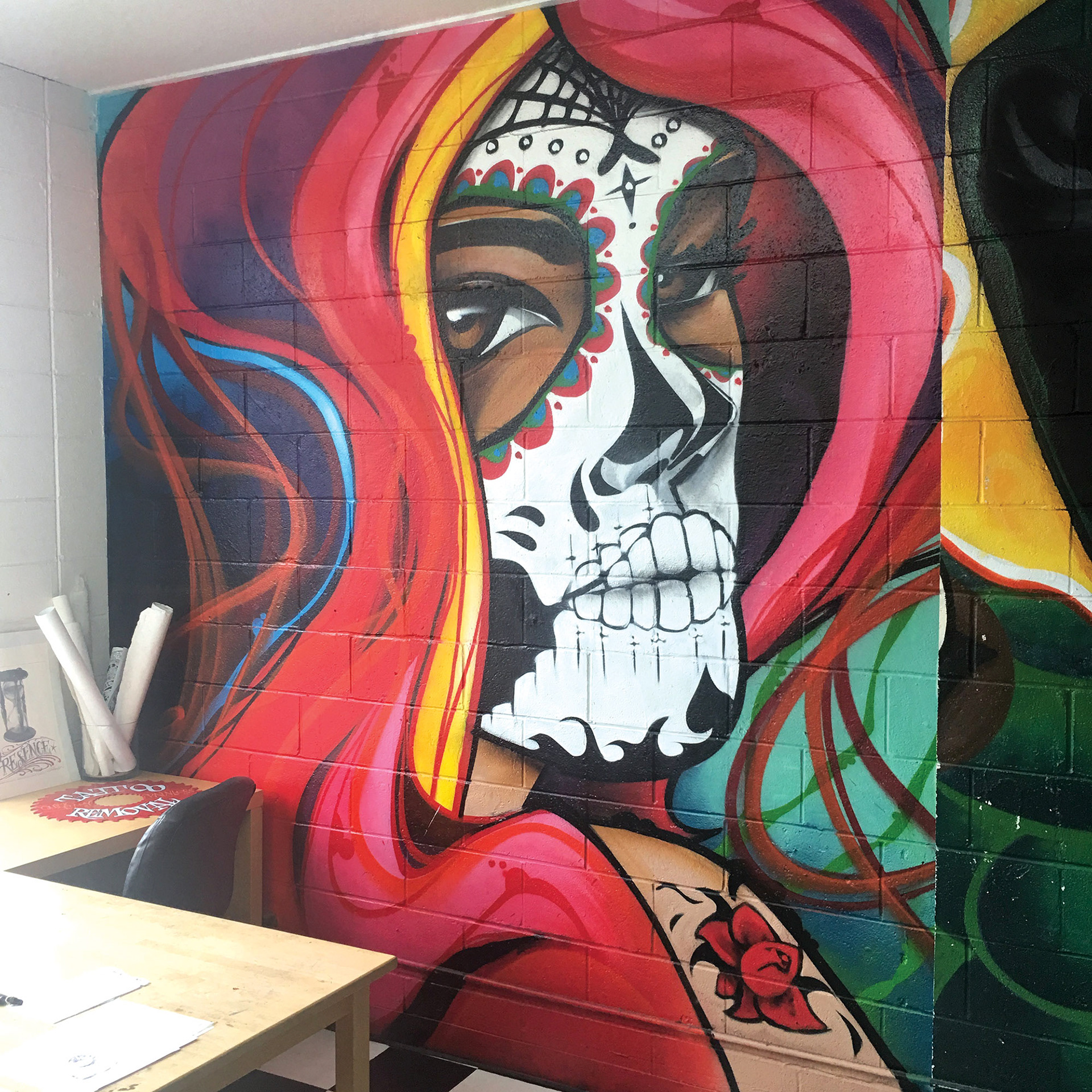 De La Muertos Mural 2: The Painted Siren Tattoo Company 1714 Palmetto Ave, Pacifica, CA 94044. 10’x8’. July 2014. The met the owner back about 10 years ago when she first started the business and I wanted to help her put some cool interior mural up in her business. Check out her place. It's called The Painted Siren Tattoo Company.