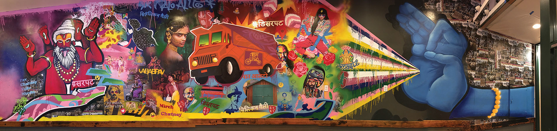 I was contacted through a different agent to produce an interior mural for a local food chain called Curry Up Now. We did the store in Oakland and then in Palo Alto. It was different for me cause it’s the first time using different mediums instead of just using spraypaint. Wheat paste, Stencil designs and with my spray painting ways definitely gave it a different look and feel from what I was used to.