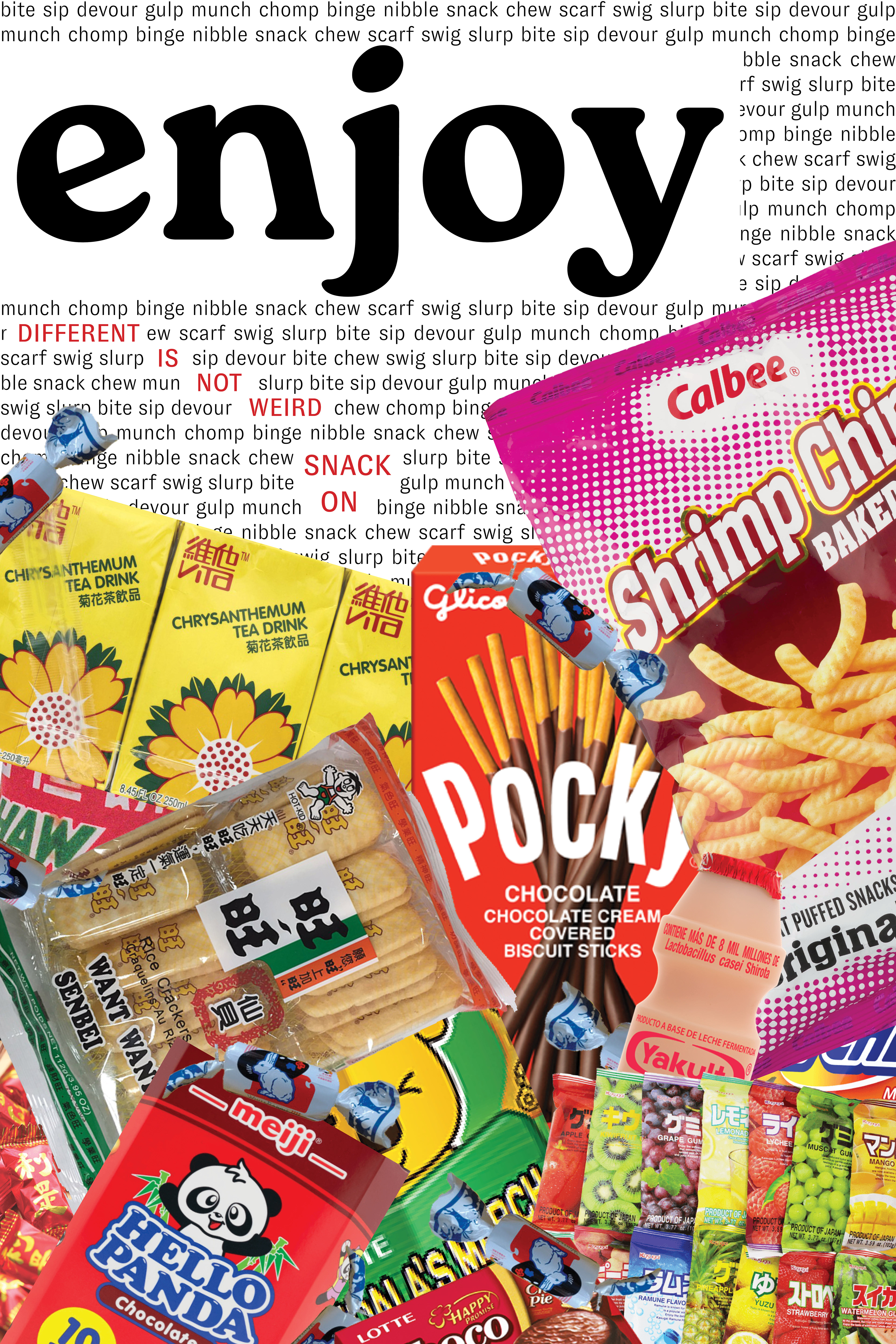 "Enjoy!" celebrates Asian-American snacks and childhood nostalgia in regards to overcoming discrimination and judgement from others for being "different". Snack on!