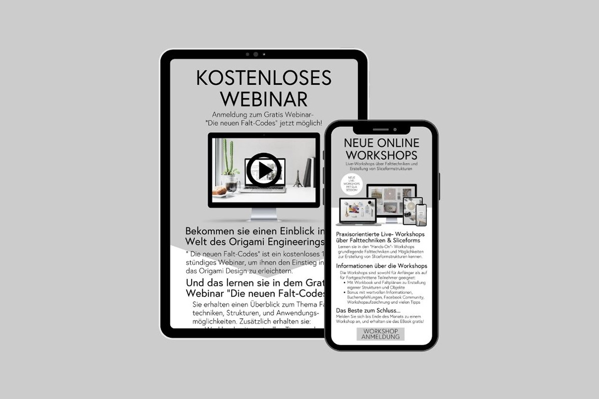 Newsletterbeispiele auf einem Tablett und einem Mobiltelefon über Webinare und Workshops zum Thema Origami und Falttechniken