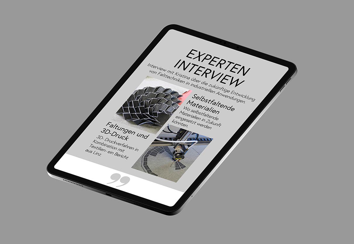 Bild eines Tabletts, oder Pad mit einem Newsletter über selbstfaltende Materialien und Faltungen mittels 3D-Druck