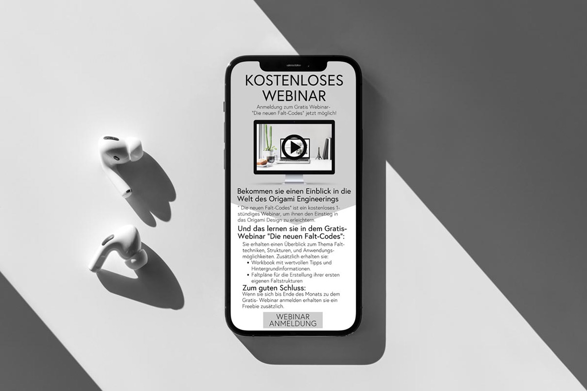 Smartphone mit Beispiel eines Newsletters über Webinare zum Thema Falttechniken