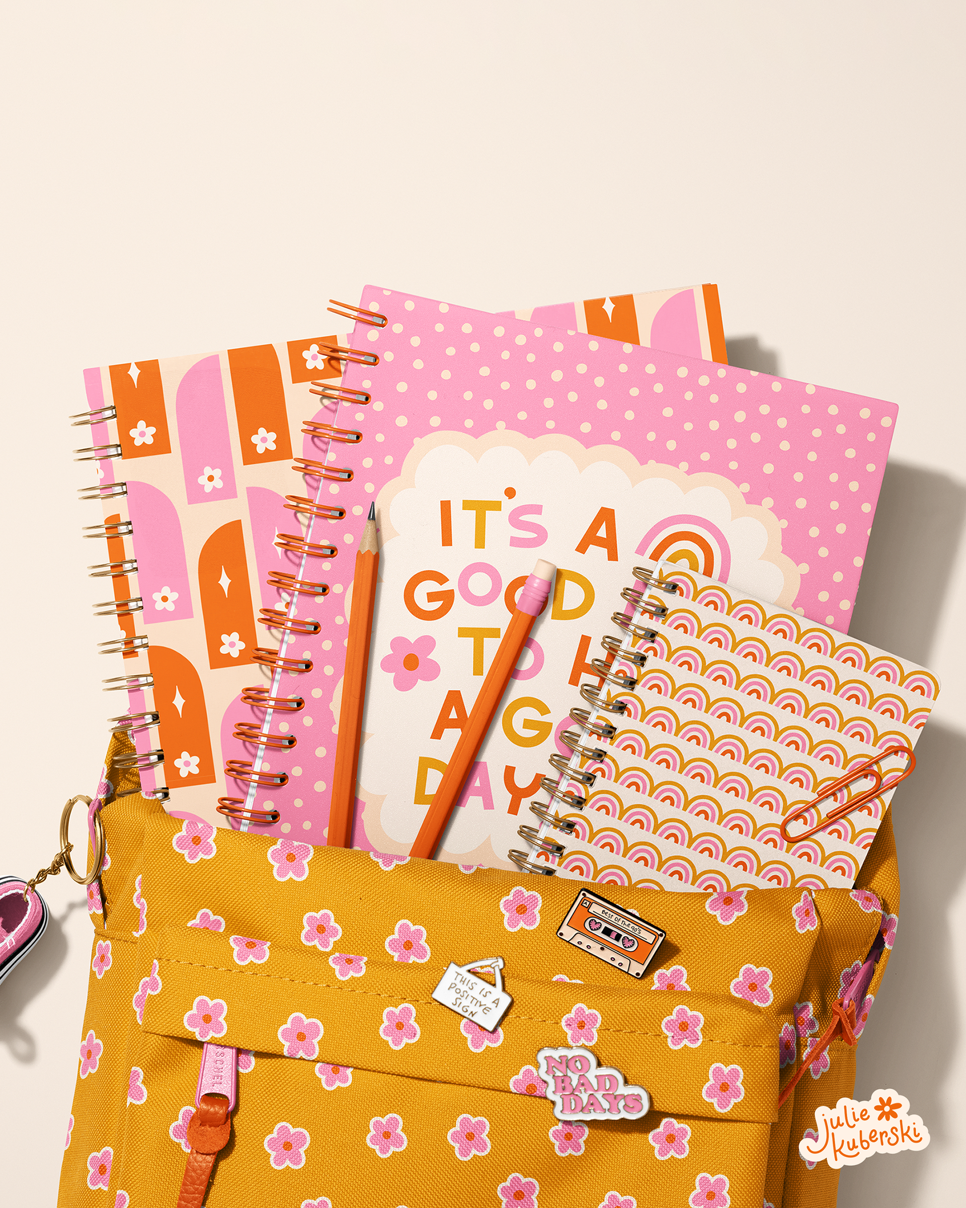 Sunshine and rainbows pattern collection on school supplies and backpack mockup