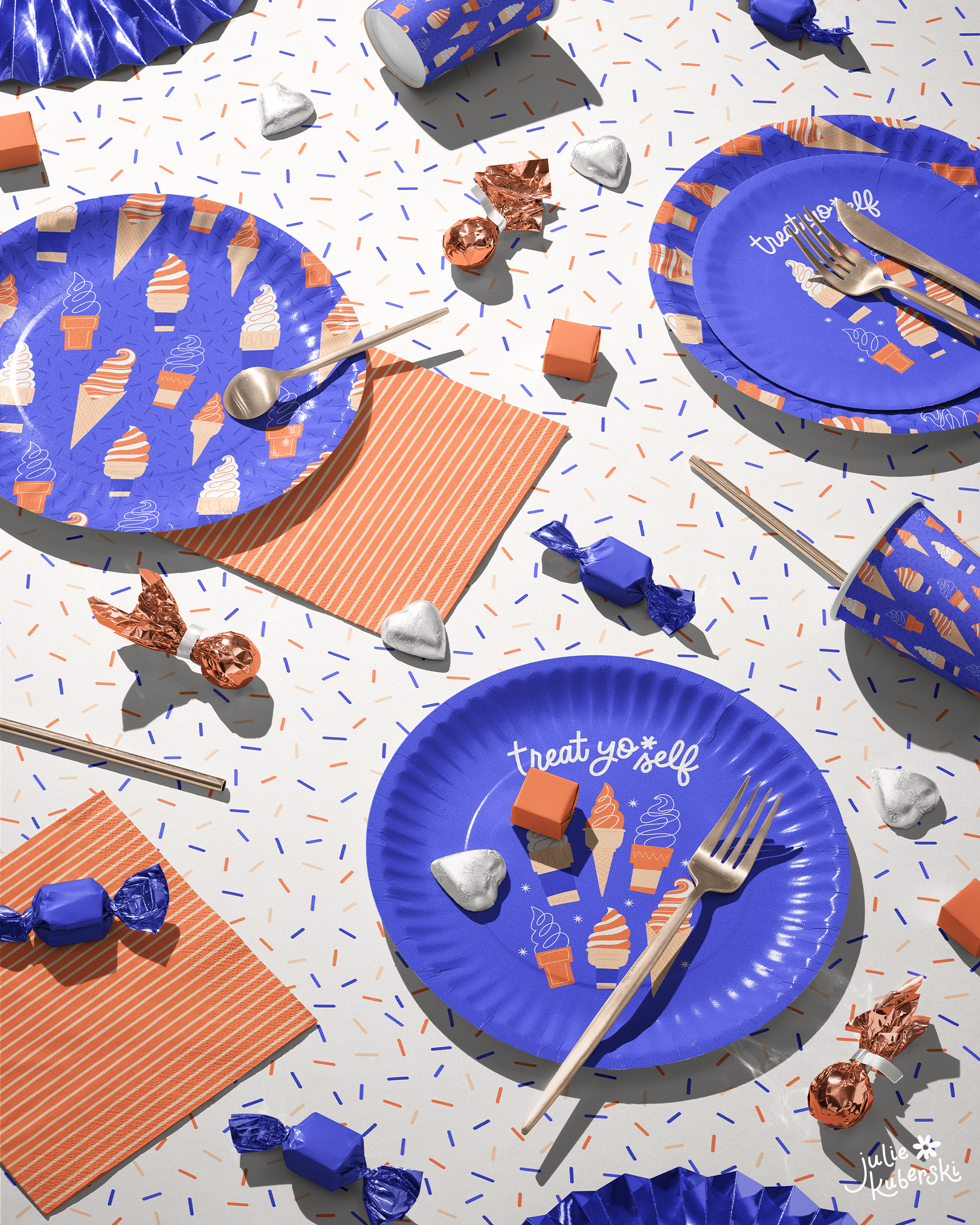Mockup of party tableware with ice cream, sprinkles, and striped designs