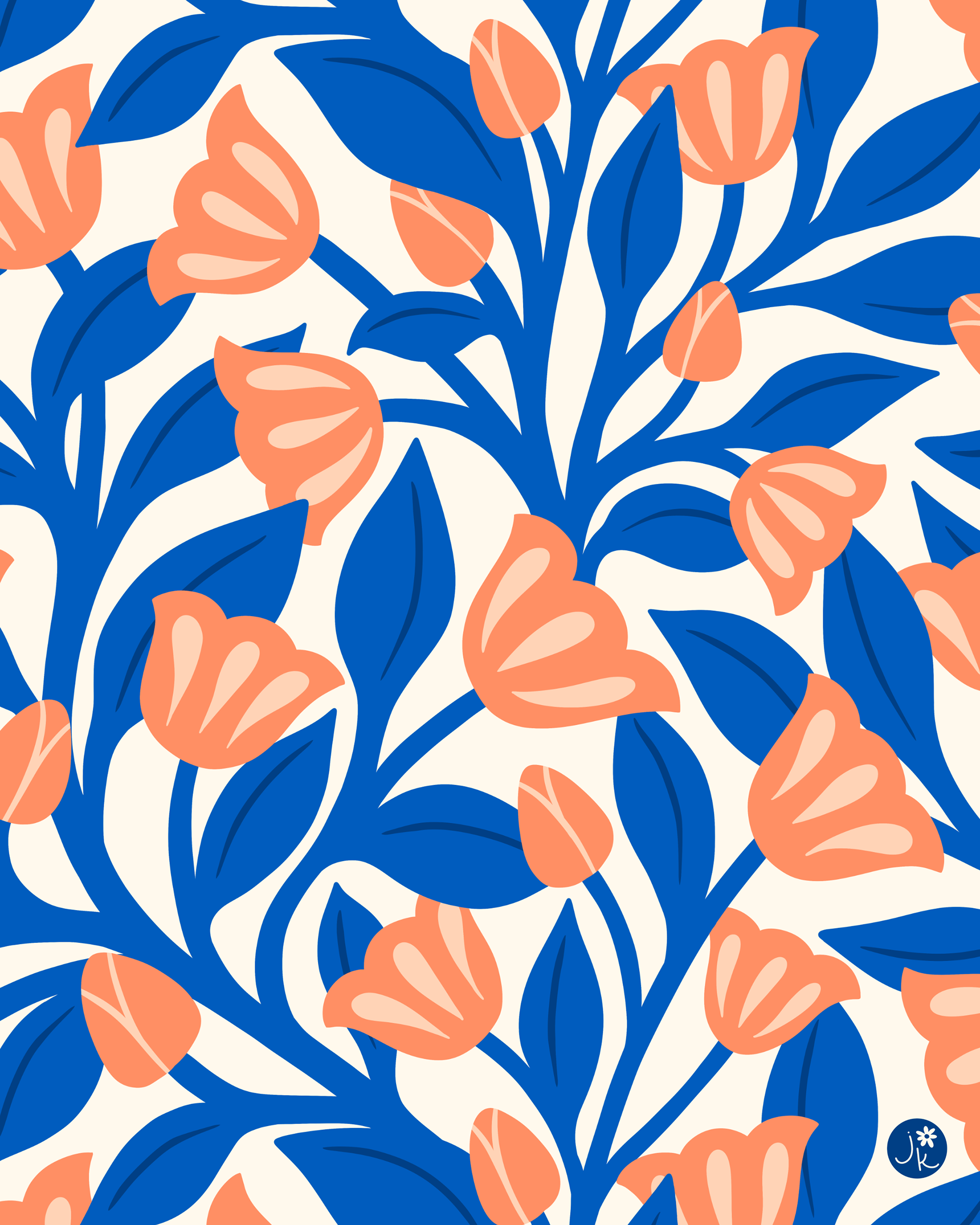 Blue and coral colored tulip pattern
