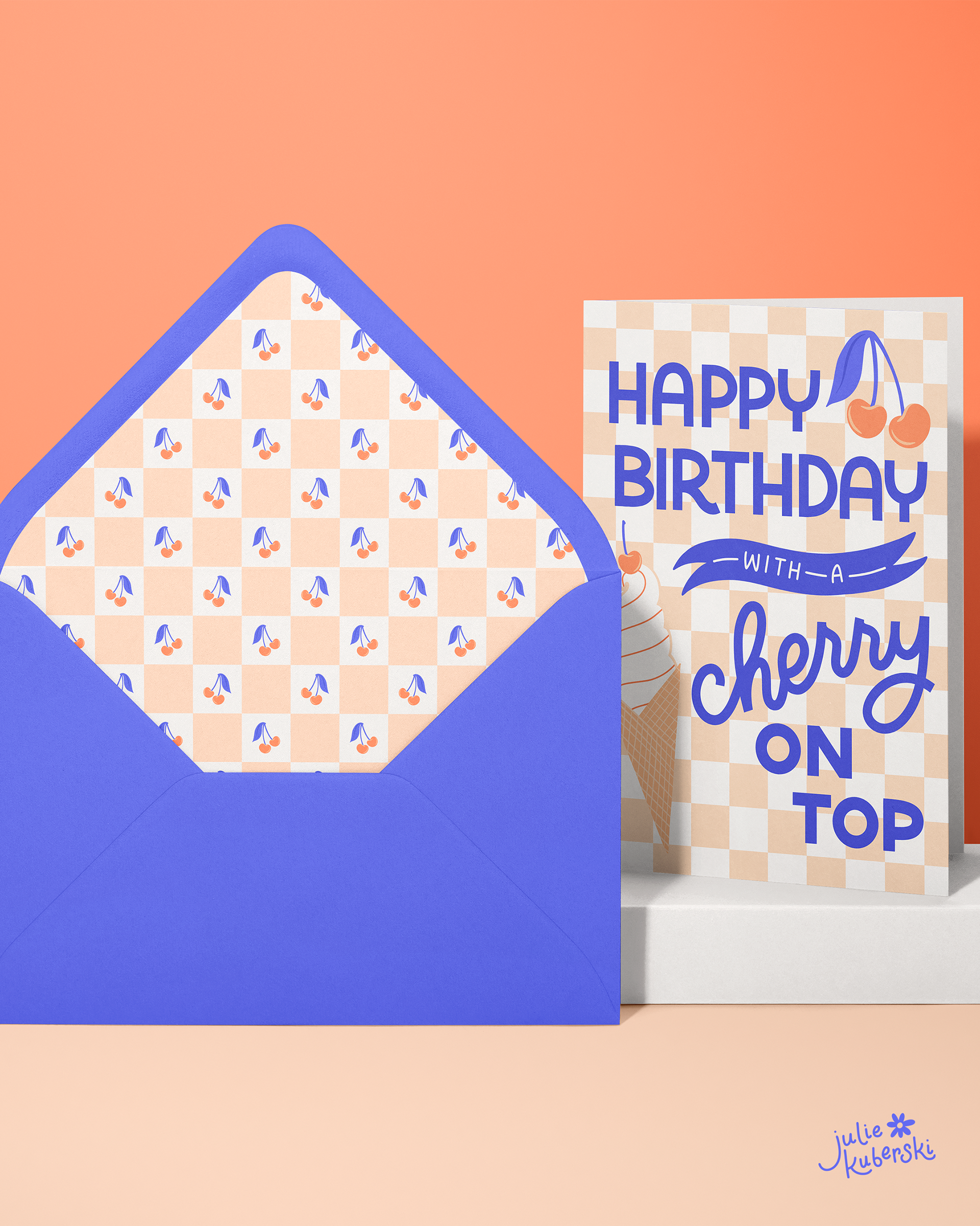 "Happy birthday with a cherry on top" hand lettered card and envelope with cherry checkered pattern envelope liner