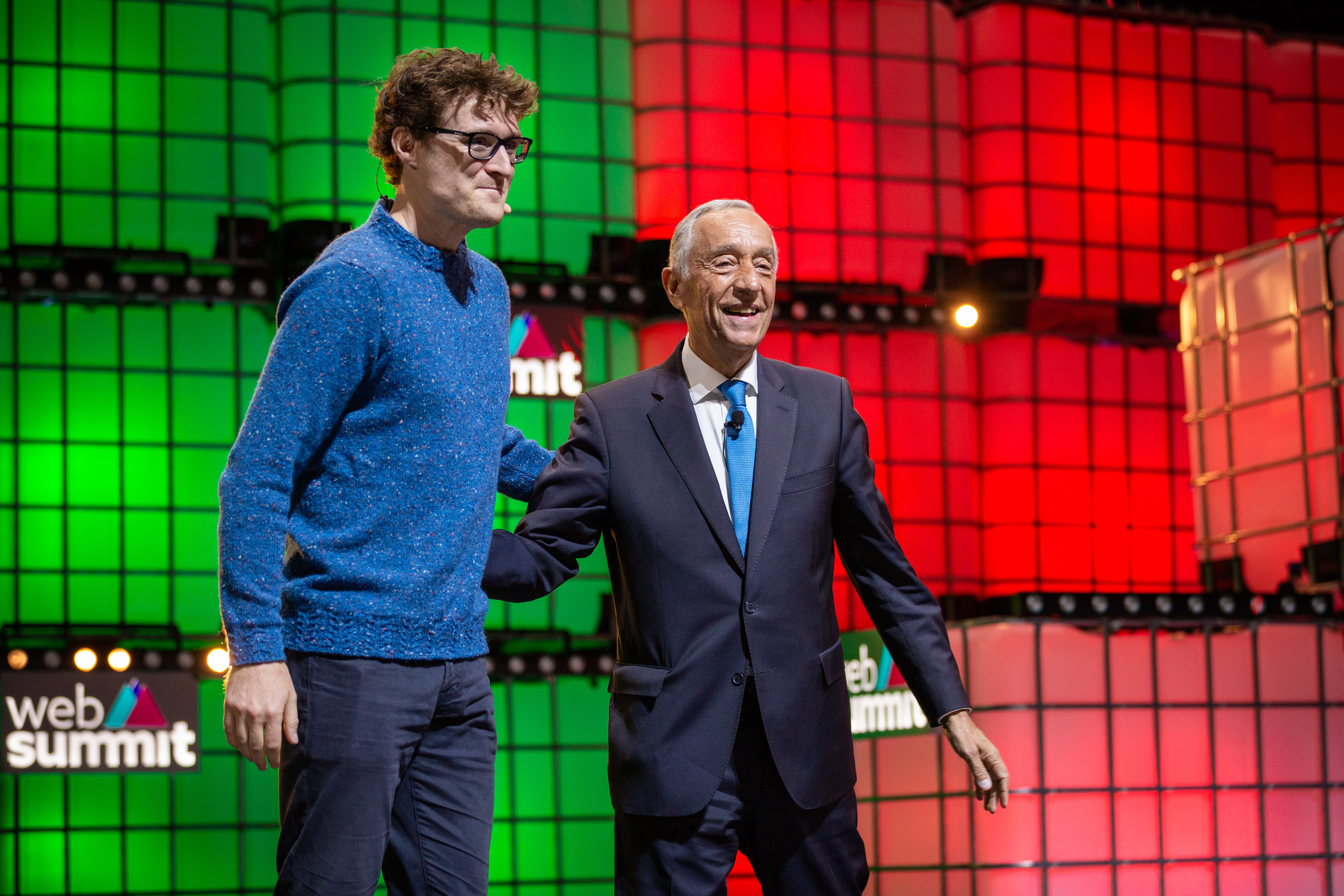 Paddy Cosgrave, the founder of Web Summit, welcomes the Portuguese Presidente, Marcelo Rebelo de Sousa to the stage