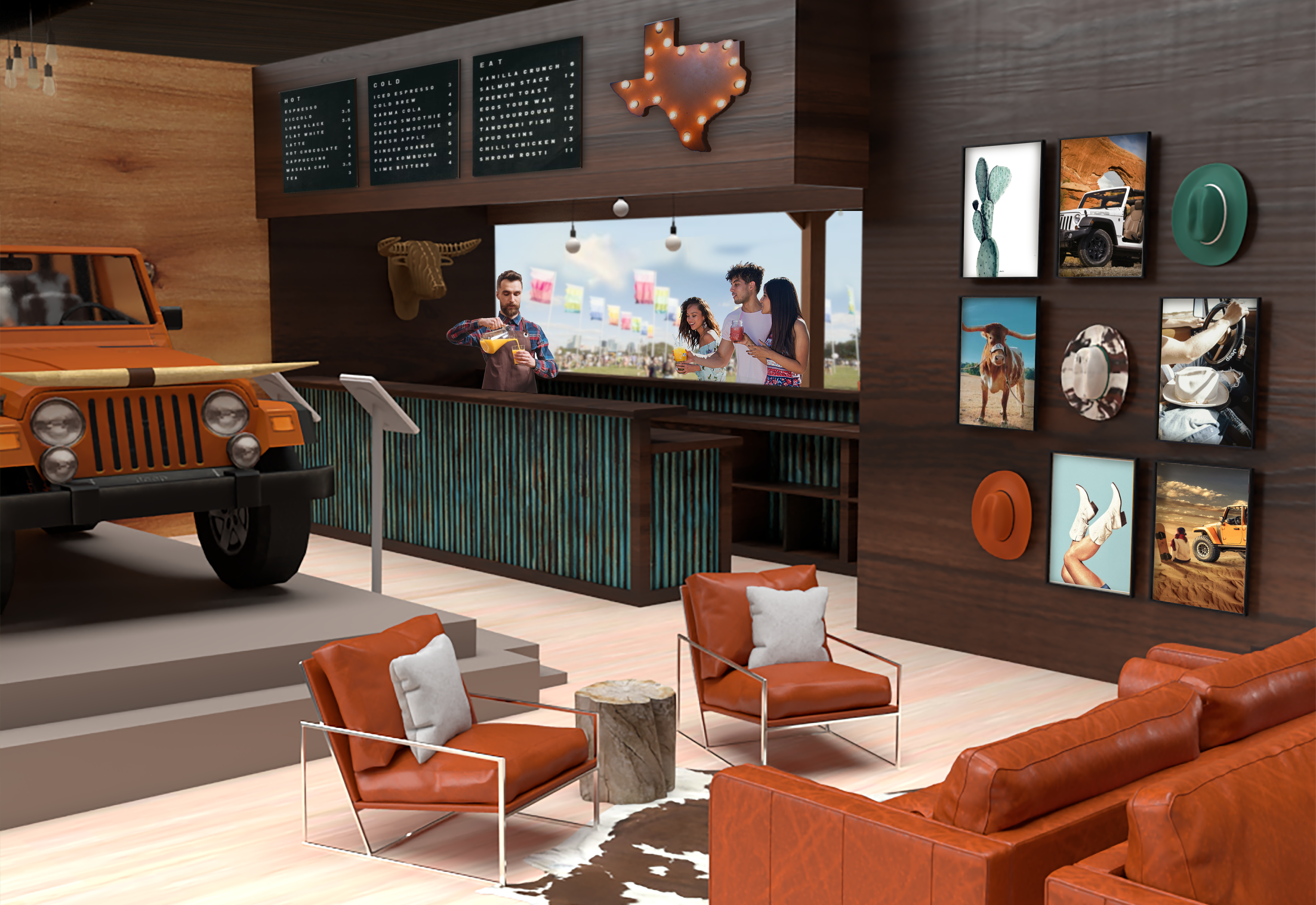 Full Snack Bar: Jeep's lounge features a snack bar where people can get nonalcoholic drinks and snacks that are popular in Texas