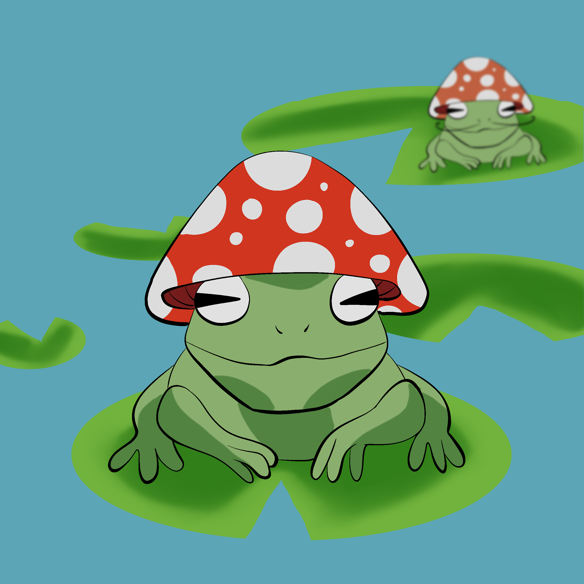 Original illustration — stylized frog character with a whimsical mushroom hat design. Created for sticker merchandising. (Procreate)