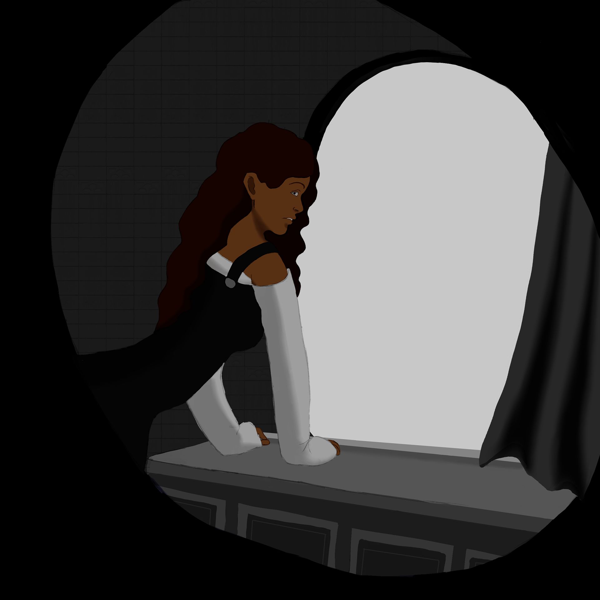 Character illustration — original character Viviane depicted in an emotional moment of reflection. Storytelling through pose and lighting. (Clip Studio Paint)