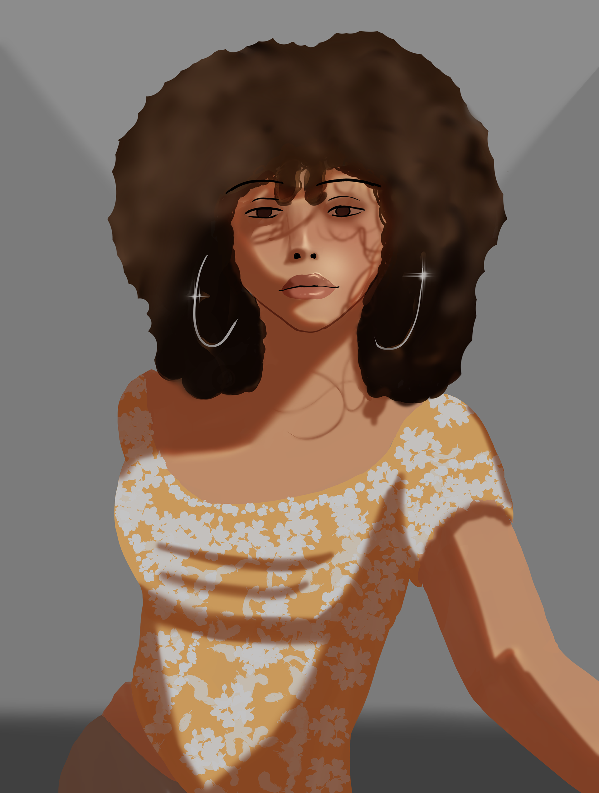 Reference study — portrait practice using Pinterest model inspiration. Focus on expression, curls, and warm color palette. (Clip Studio Paint)