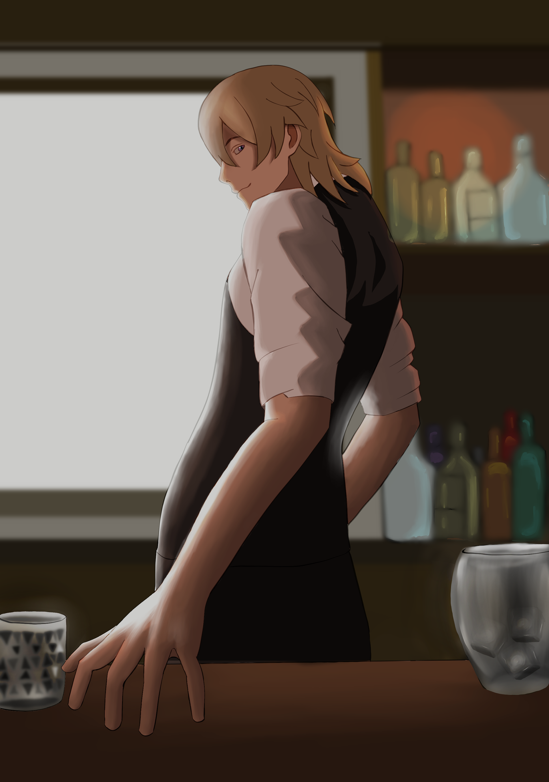 Fanart — alternate universe concept of Adventurine from Honkai: Star Rail as a bartender. Emphasis on lighting, composition, and storytelling.(Clip Studio Paint)